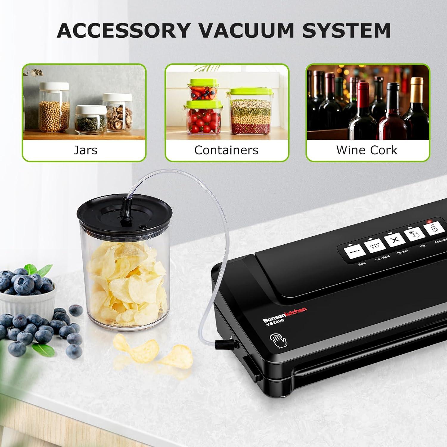 Bonsenkitchen Multi-Functional Food Vacuum Sealer with Globefish Technology for High-Speed Continuous Working, Vacuum Bags & Accessory Hose, Black