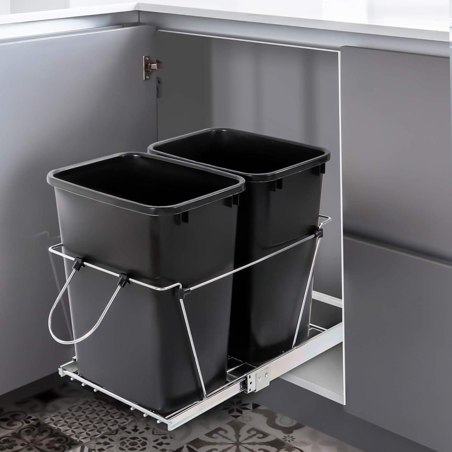 Double 35-Quart Sliding Pull Out Waste Bin Container, Kitchen Trash Can Under Cabinet Dual Trash Can Under Sink for Home Base Kitchen Cabinet - 17.5 Gallon
