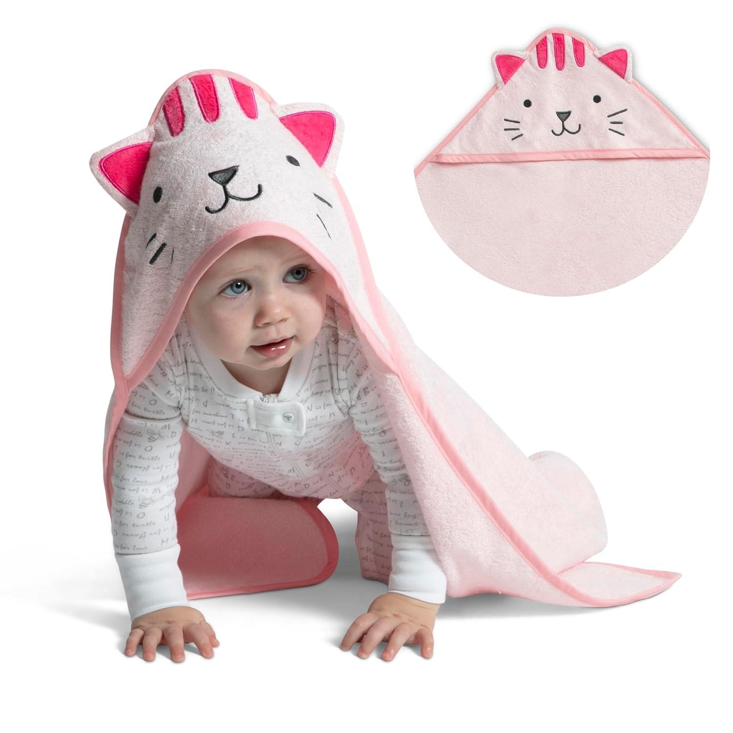Delta Children Baby/Infant Hooded Bath Towel - Super Soft and Absorbent- Newborn Essential - Ideal Baby Registry/Shower Gift for Boys and Girls, Pink Cat