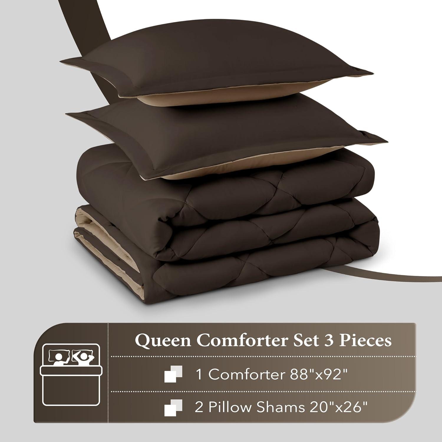 Queen Brown Reversible Down Alternative Microfiber Comforter Set