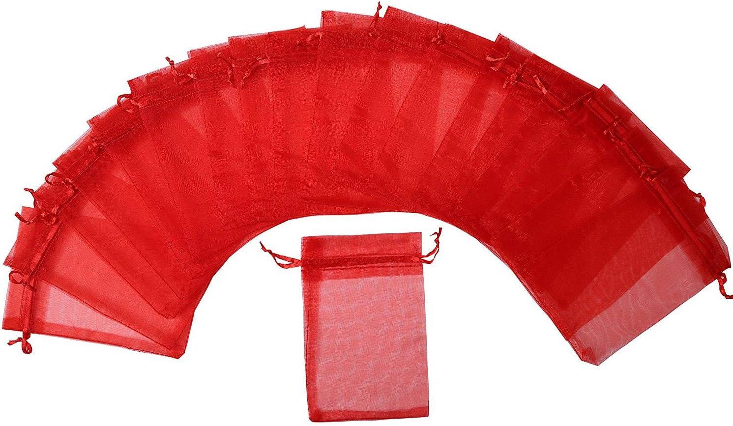 100PCS 4x6inch (10x15cm) Drawstring Organza Jewelry Favor Pouches Wedding Party Festival Gift Bags Candy Bags (Red)