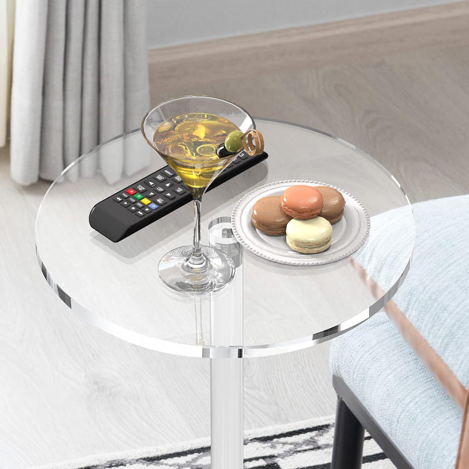 Acrylic End Table, Clear Side Tables for Small Space, 9.8" Round Modern Drink Table for Living Room, Bedroom, Bathroom, Office, Outdoor, Business, Sturdy and Easy to Install