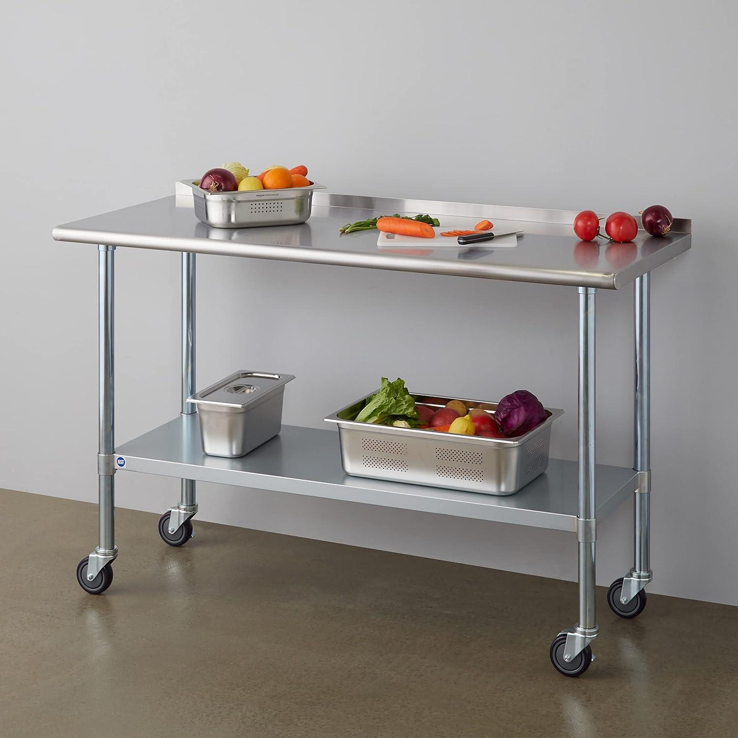 AmGood 60" Long x 24" Deep Stainless Steel Work Table With Open Base and Wheels | Mobile Metal Table