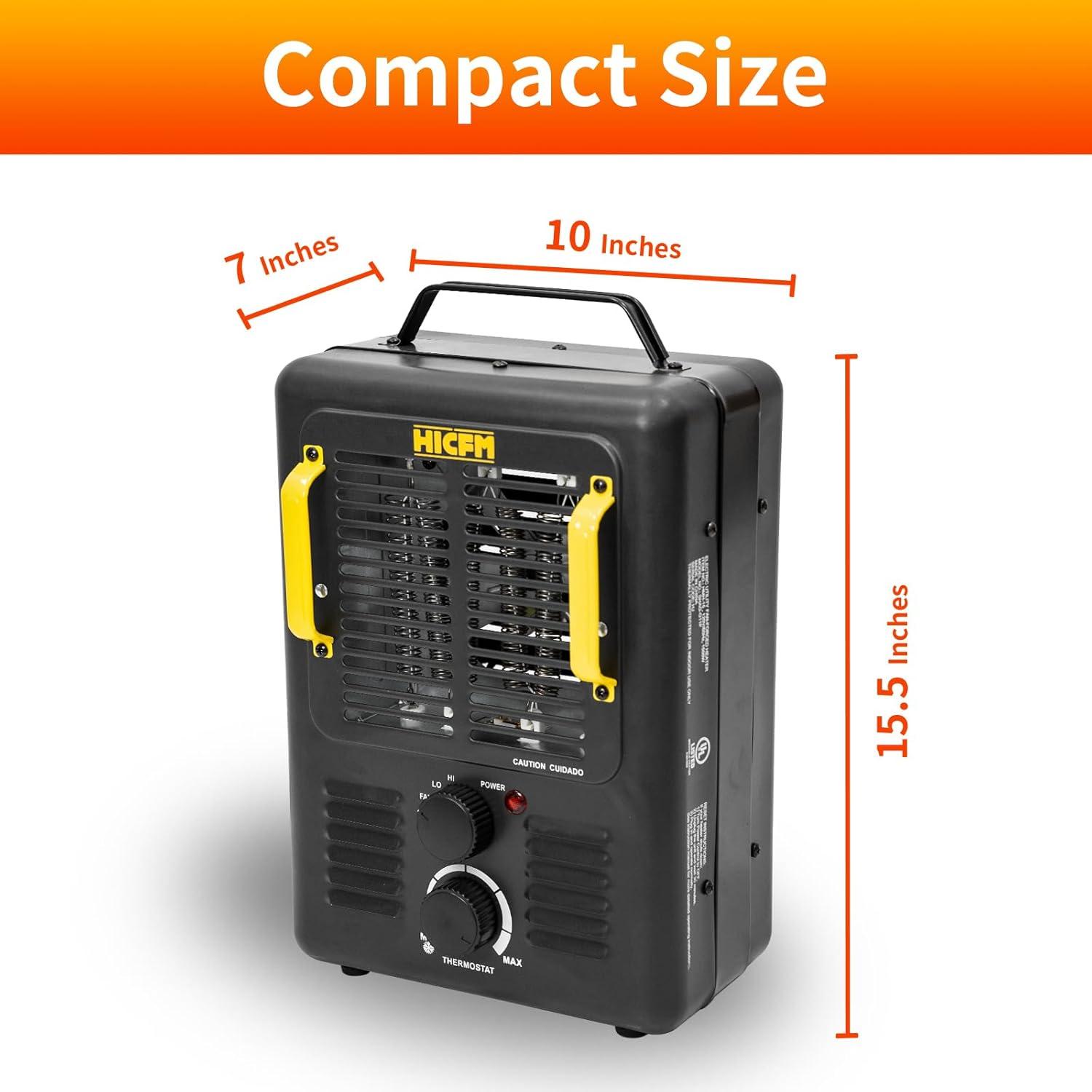 HiCFM Milkhouse Space Heater, 1300W/1500W Electric Heater with Thermostat, Safe and Quiet for Home Office Garage Workshop - UL Safety Listed