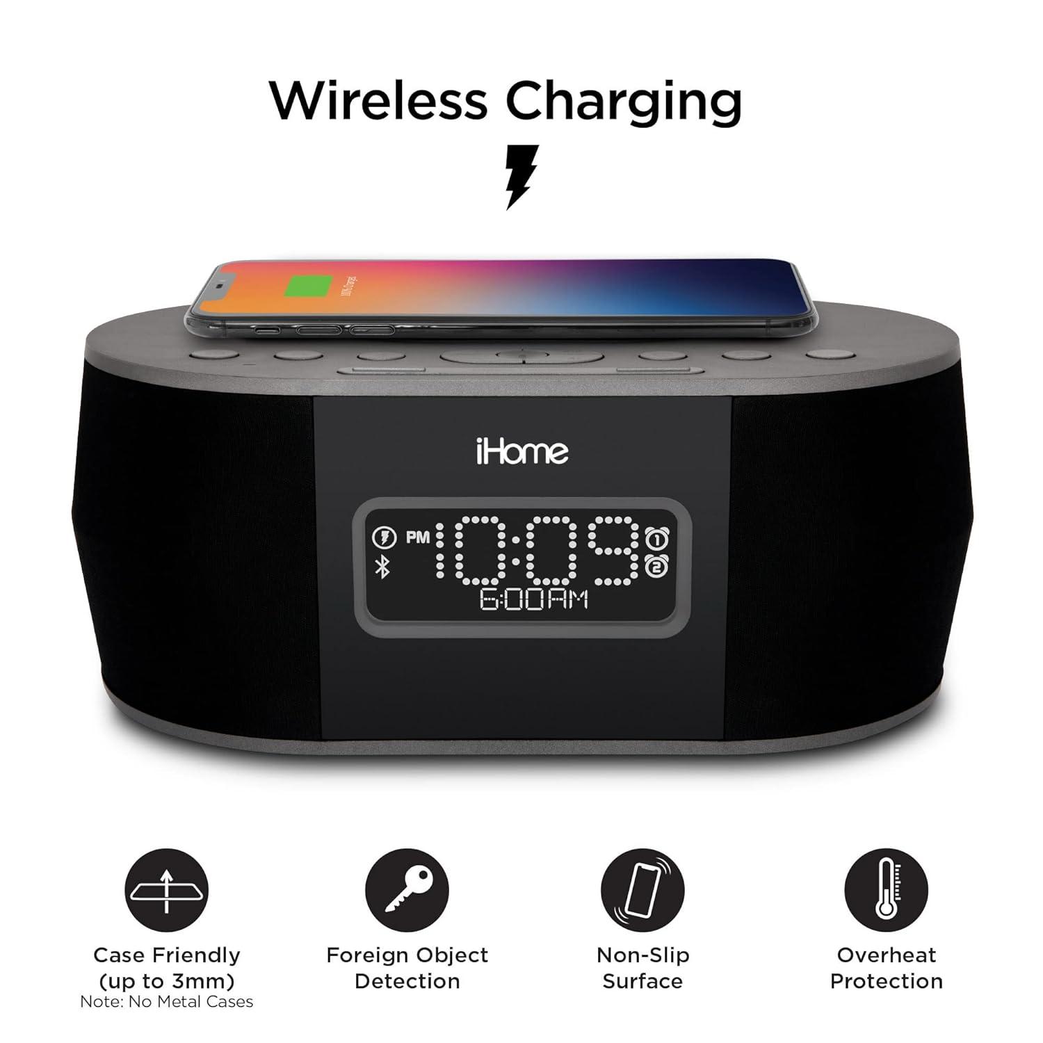 iHome Wireless Charging Alarm Clock with Bluetooth Speaker and USB Charging - (iBTW38B8)