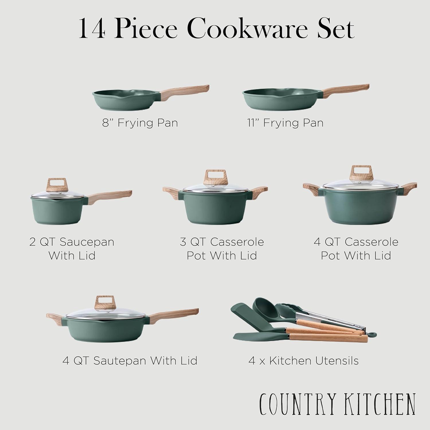 Sage Green Nonstick Cast Aluminum 14-Piece Cookware Set with Utensils