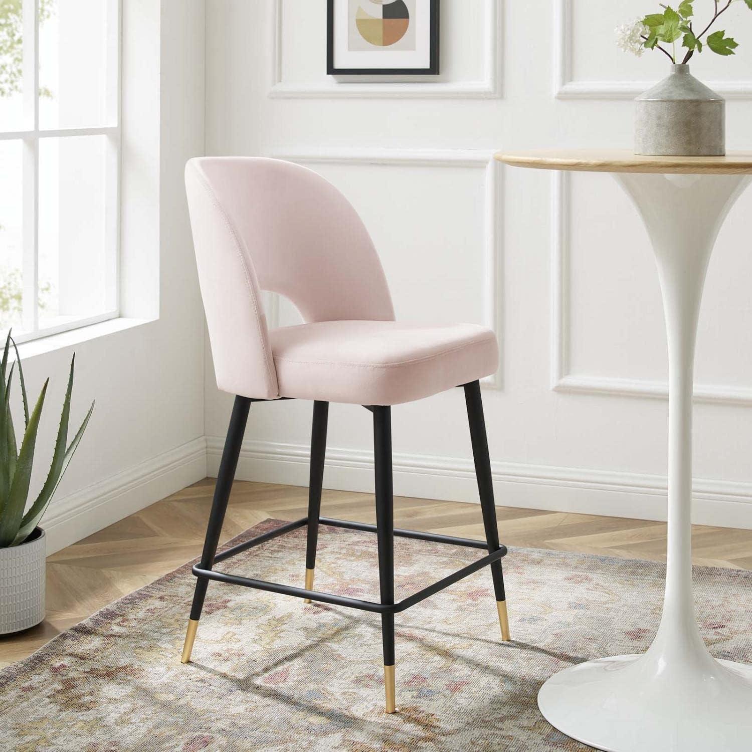 Mid-Century Glam Pink Velvet Counter Stool with Black Metal Legs