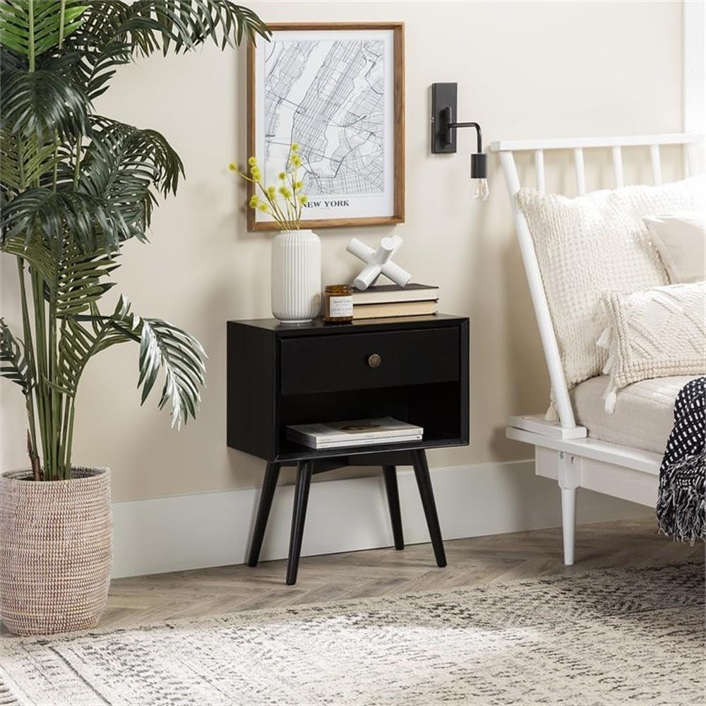 Mid-Century Modern Black Pine Wood 1-Drawer Nightstand