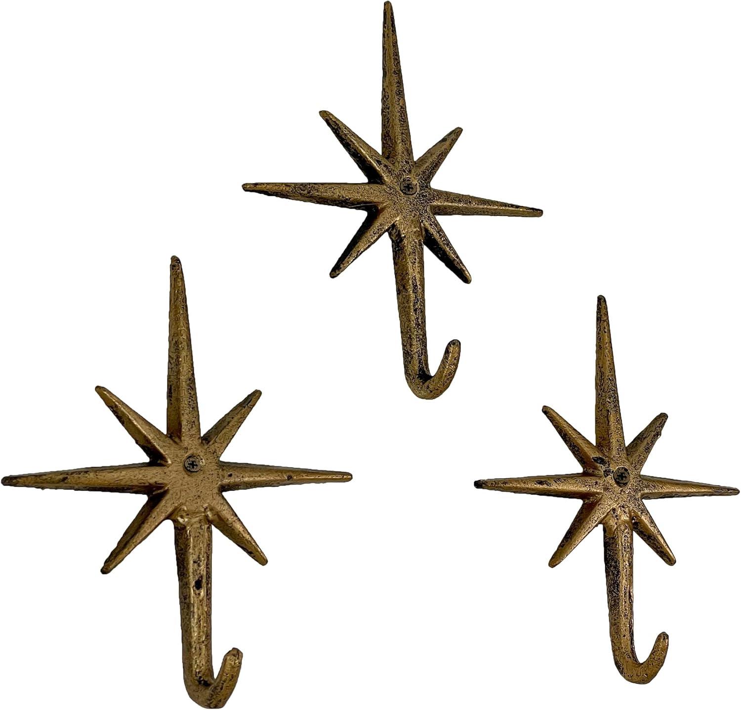 Set of 3 Gold Cast Iron Atomic Starburst Wall Hooks