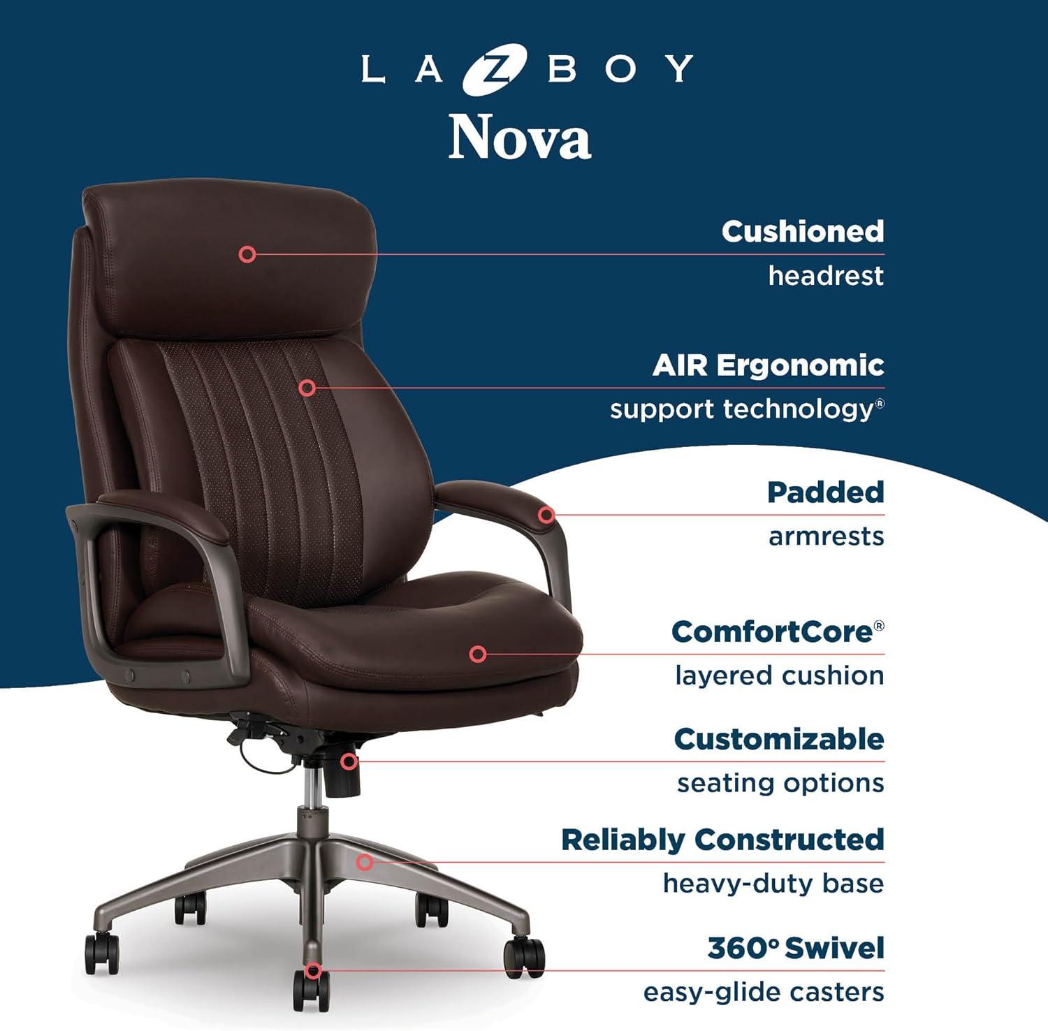 La-Z-Boy La-Z-Boy® Nova Executive Office Chair, Patented AIR Ergonomic Support Technology®, High-Back Premium Comfort & Support, Vegan PU Leather