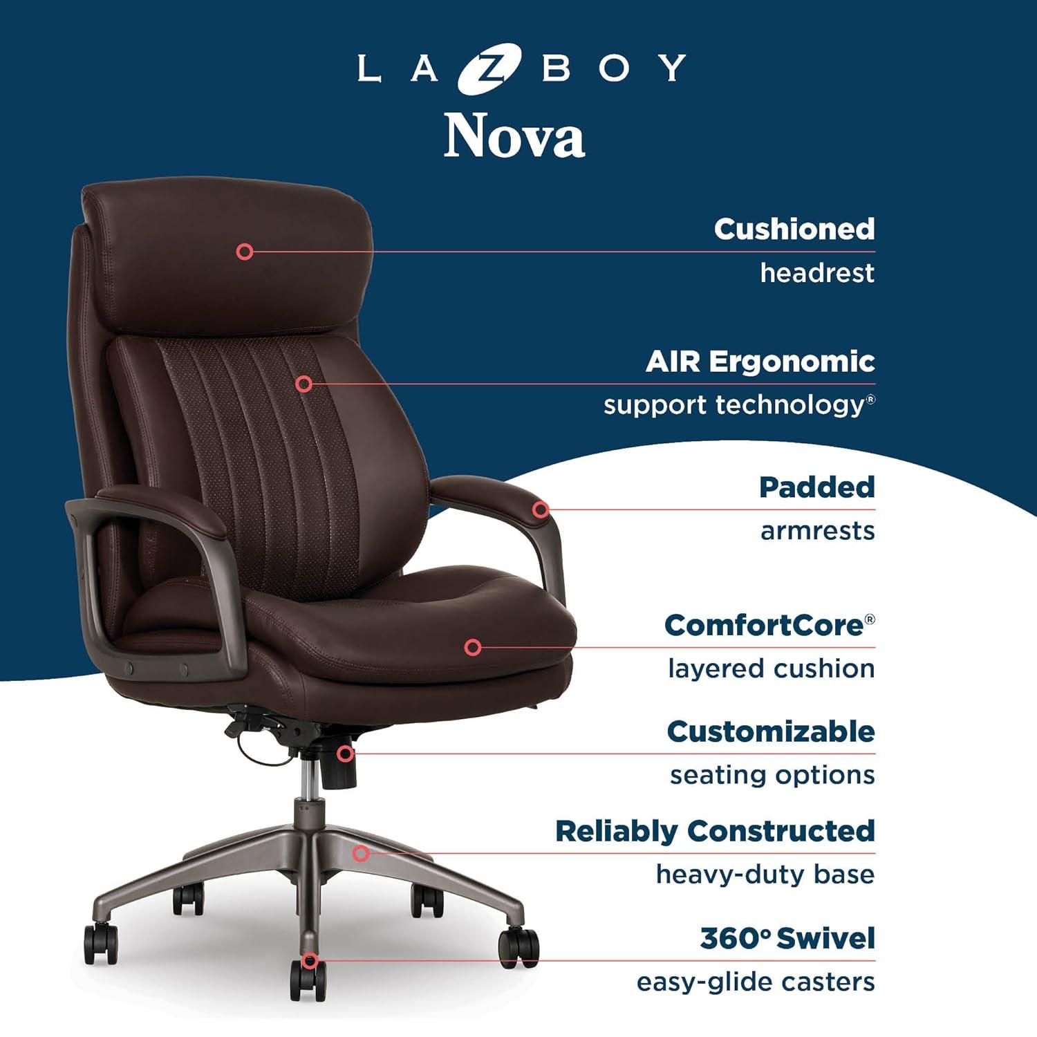 La-Z-Boy La-Z-Boy® Nova Executive Office Chair, Patented AIR Ergonomic Support Technology®, High-Back Premium Comfort & Support, Vegan PU Leather
