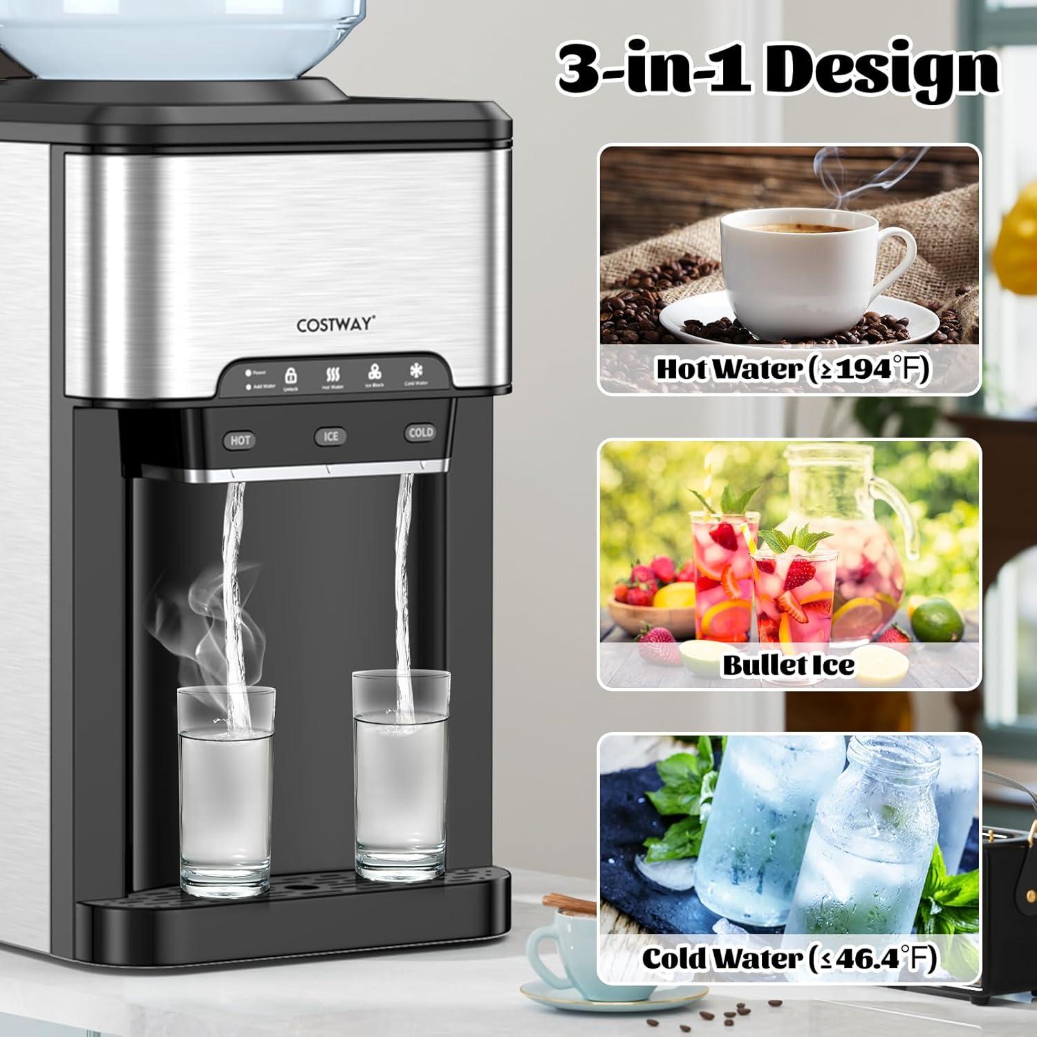 Kepooman Water Cooler Dispenser 3-in-1 with Built-in Ice Maker and 3 Temperature Settings-Silver