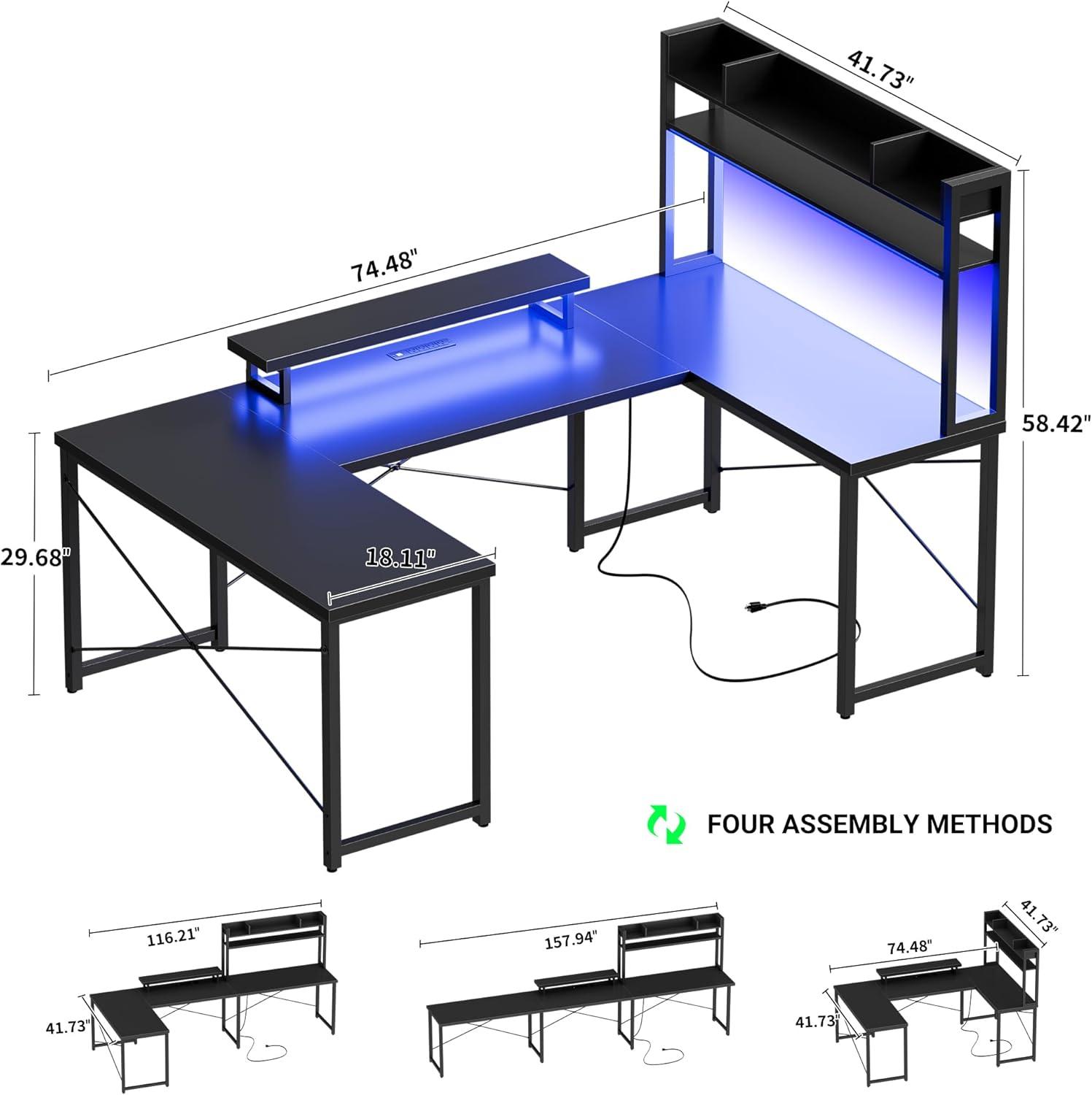 Homieasy Large U Shaped Computer Desk with Hutch, Customizable Reversible L Shaped Office Desk with Power Outlets & LED Lights, Corner Gaming Table with Monitor Stand, 122” 2 Person Long Desk, Black