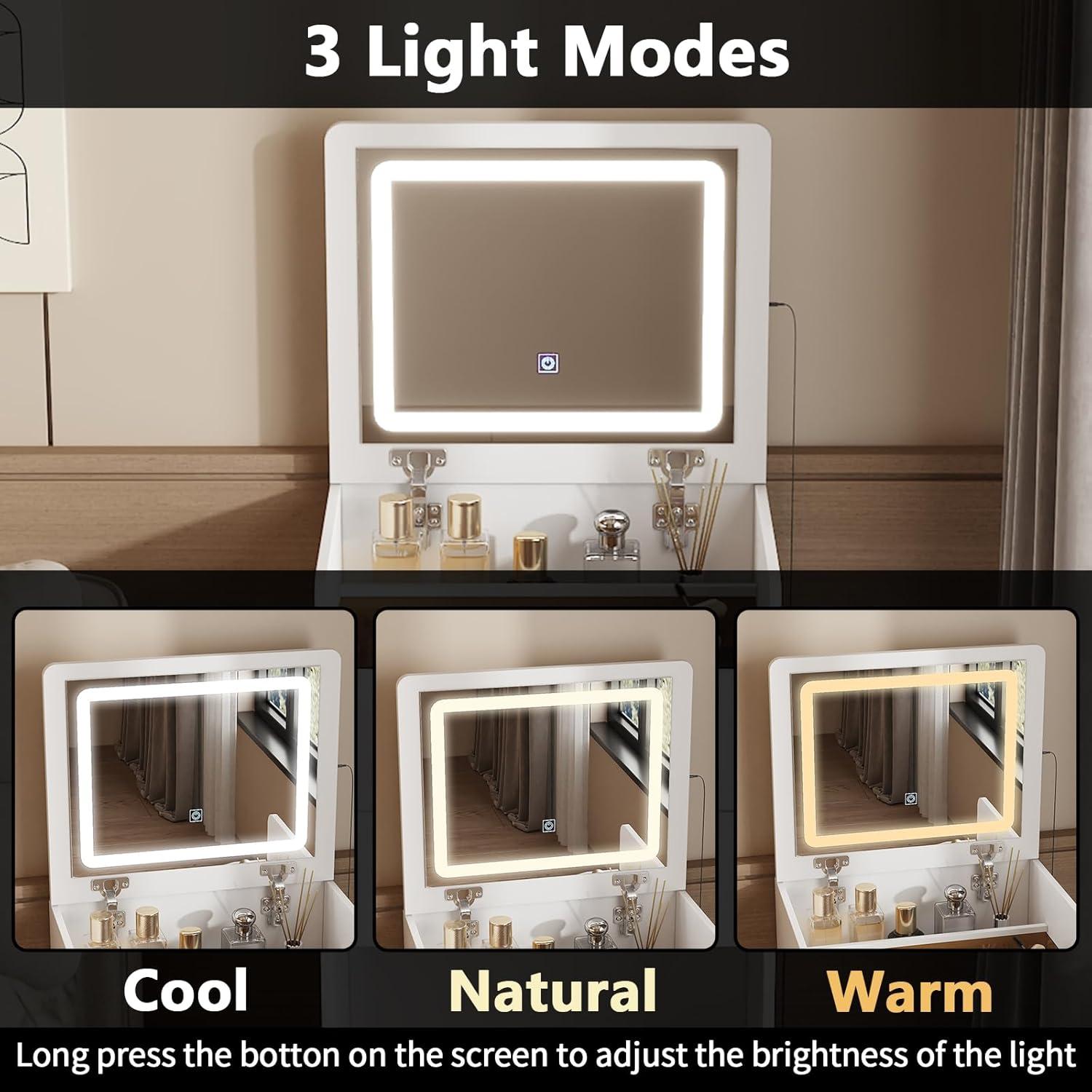 Joqixon Vanity Desk with Flip Top Mirror and Lights, Makeup Vanity Set with Glass Shelf, Space Saving Dressing Table with 3 Drawers & Cushion Stool for Bedroom, White