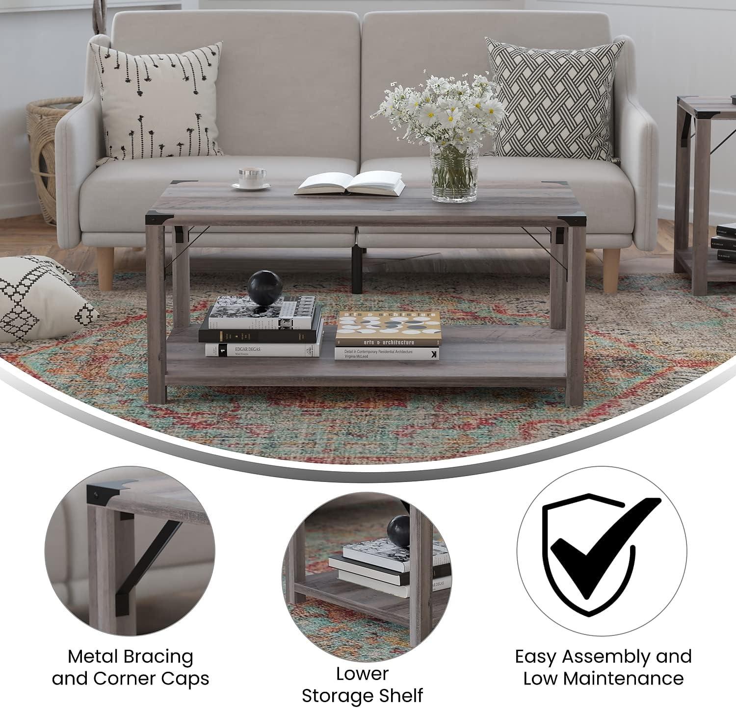 Flash Furniture Wyatt Modern Farmhouse Wooden 2 Tier Coffee Table with Black Metal Corner Accents and Cross Bracing, Gray Wash