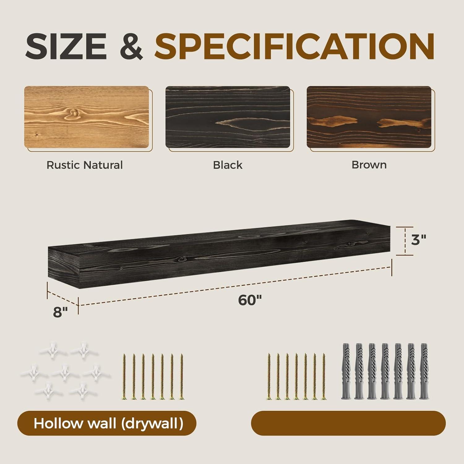 Fireplace Mantel Handmade, 3'' Thick Wall Decor Long Floating Shelf, 60inch Rustic Wood Shelf with Invisible Brackets, Black