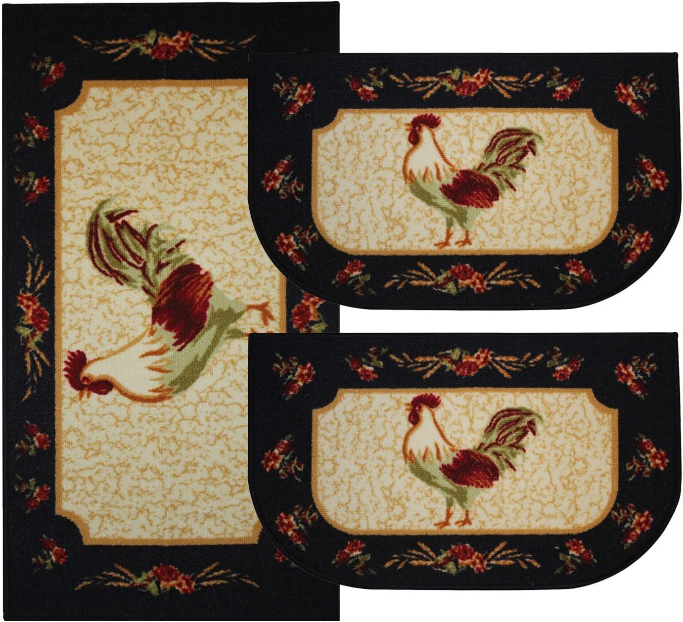 Kashi Home Kitchen Rug, Printed Area Rug, Durable Floor, Door Mat, Farmhouse Non-Slip Carpet Latex Backing Beautiful Design Rooster 3pc Set (2 18x30 D Shape & 1 20x40)