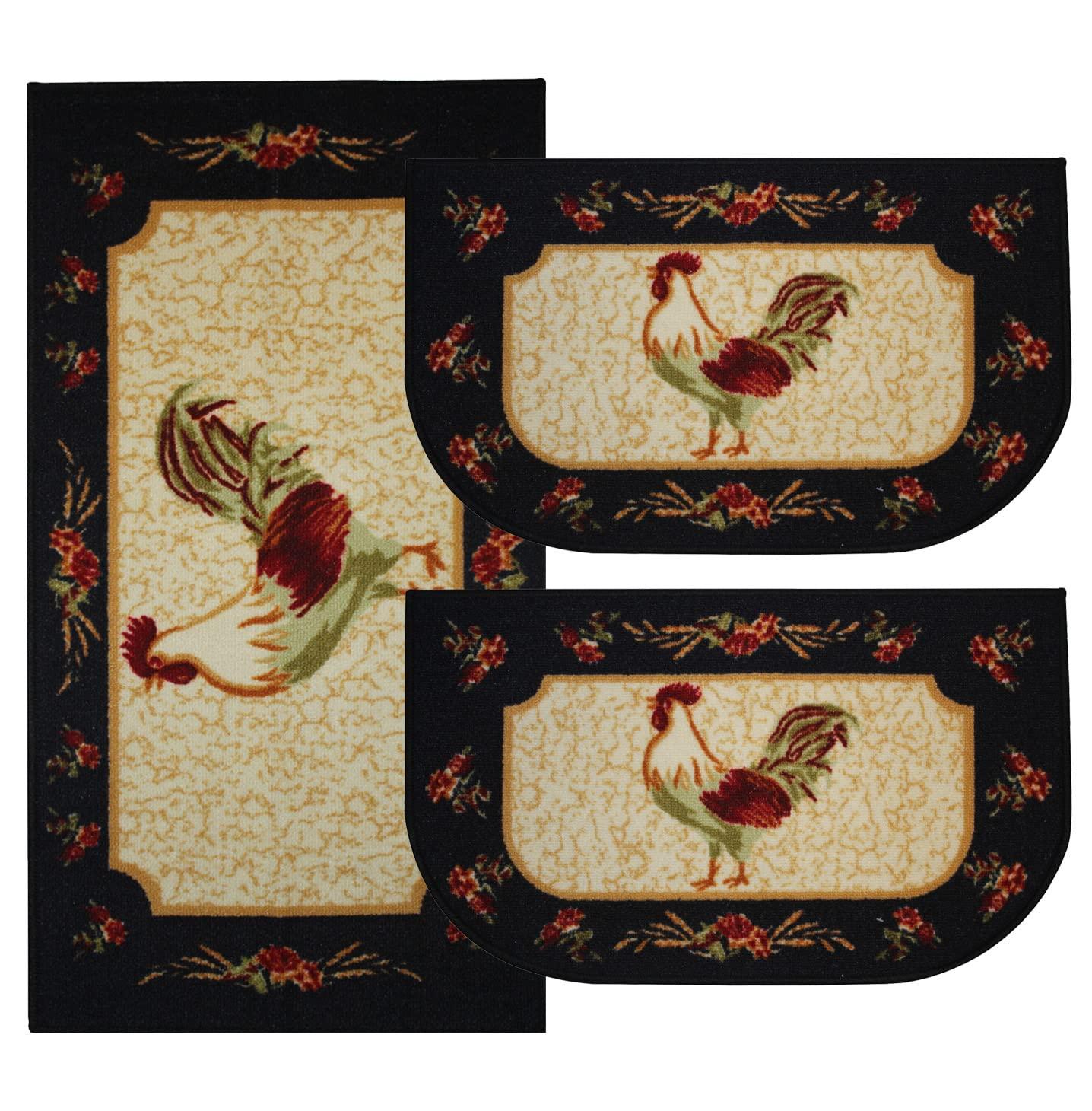 Kashi Home Kitchen Rug, Printed Area Rug, Durable Floor, Door Mat, Farmhouse Non-Slip Carpet Latex Backing Beautiful Design Rooster 3pc Set (2 18x30 D Shape & 1 20x40)
