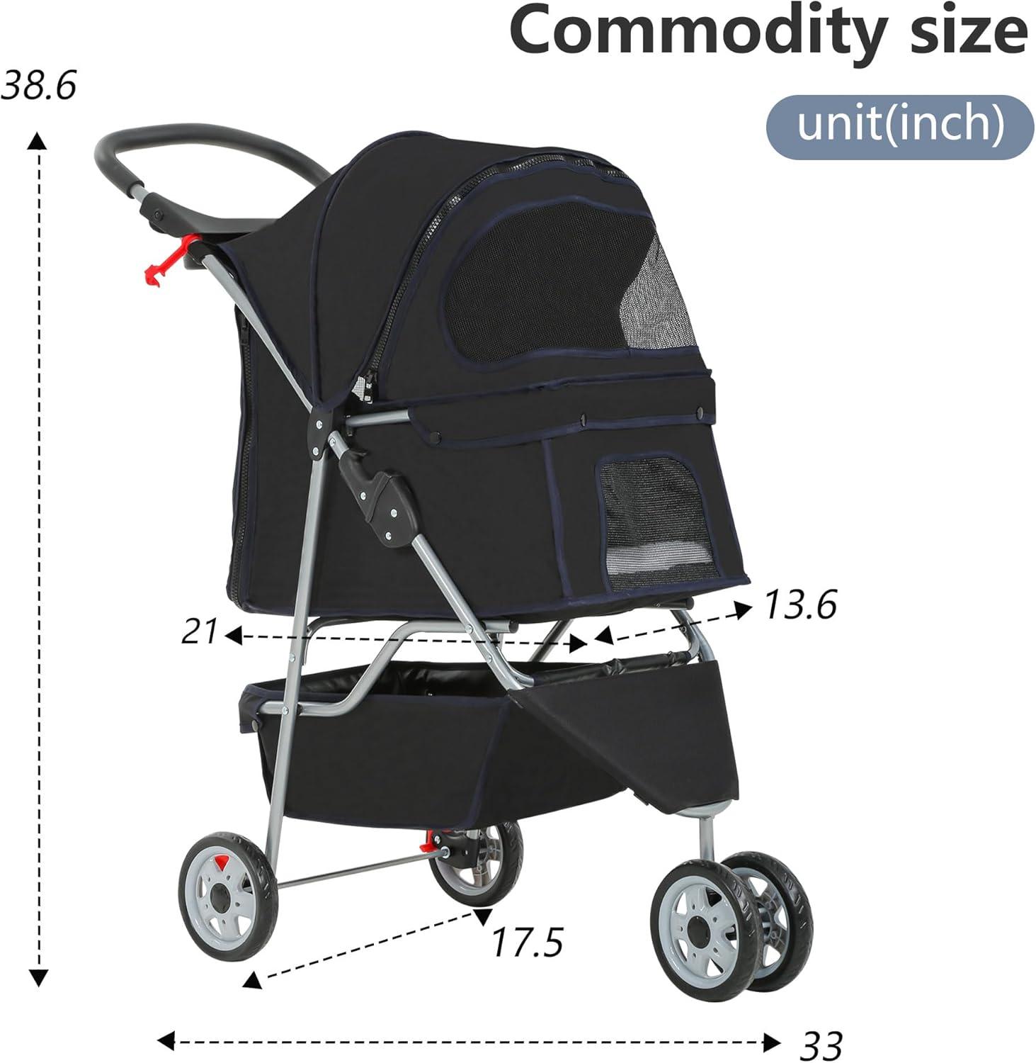 Black 3-Wheel Foldable Dog Stroller with Storage Basket