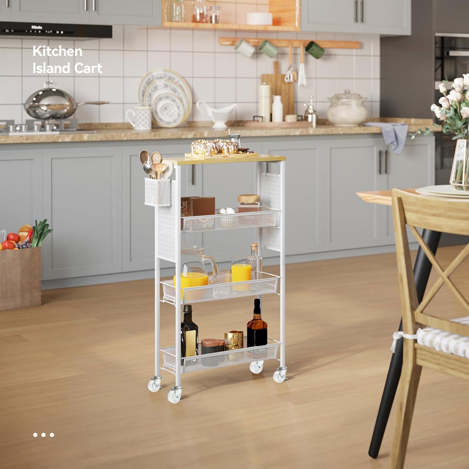 DWVO 4-Tier Slim Rolling Cart on Wheels, 34" Wooden Tabletop Kitchen Storage Organizer Cart with Wire Mesh Baskets, Slide-Out Storage Cart for Kitchen, Bathroom Living Room (White)