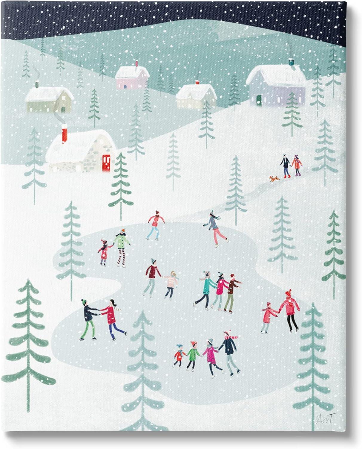 Ice Skating Families Snowfall Christmas Canvas Wall Art