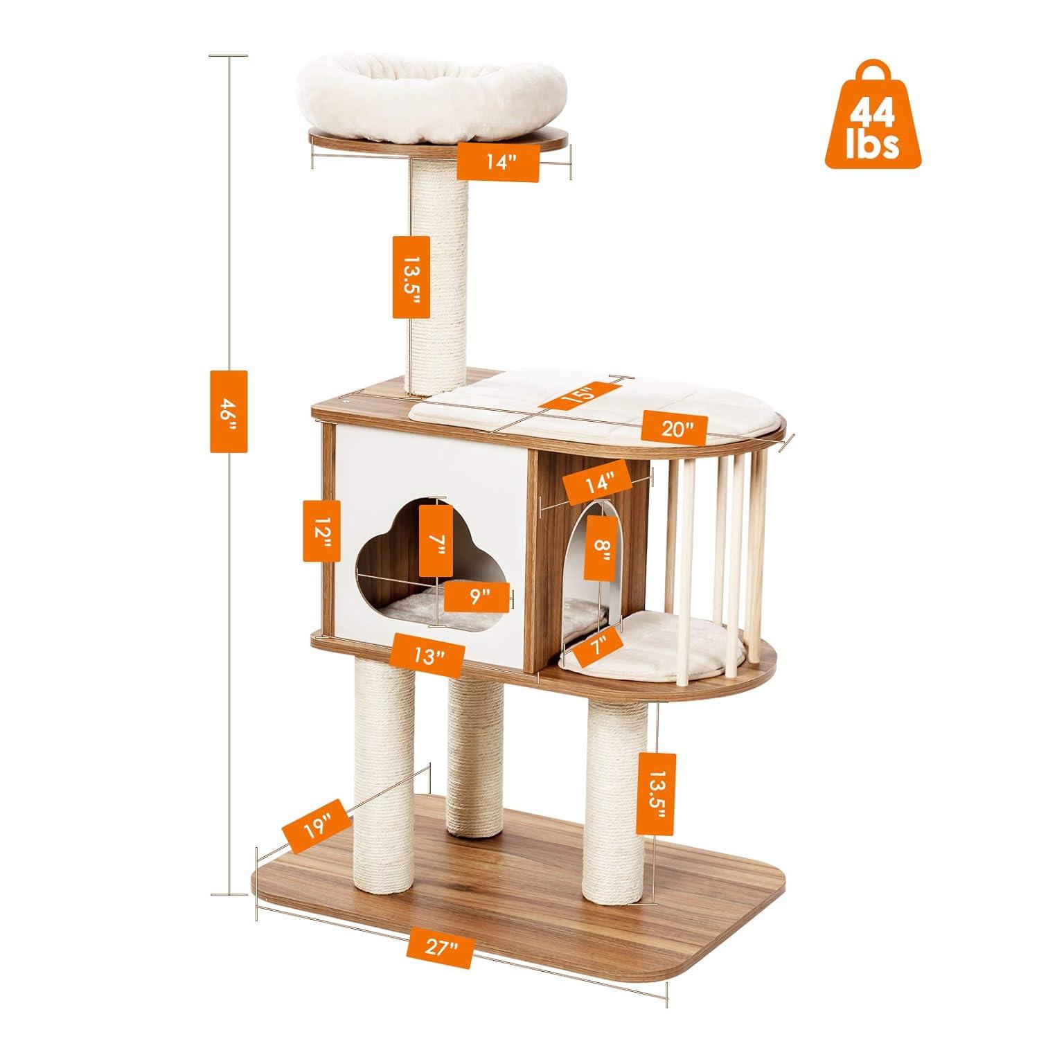 Archie & Oscar™ 46" Modern Wooden Cat Tree With Platform & Washable Cushions For Kittens & Cats