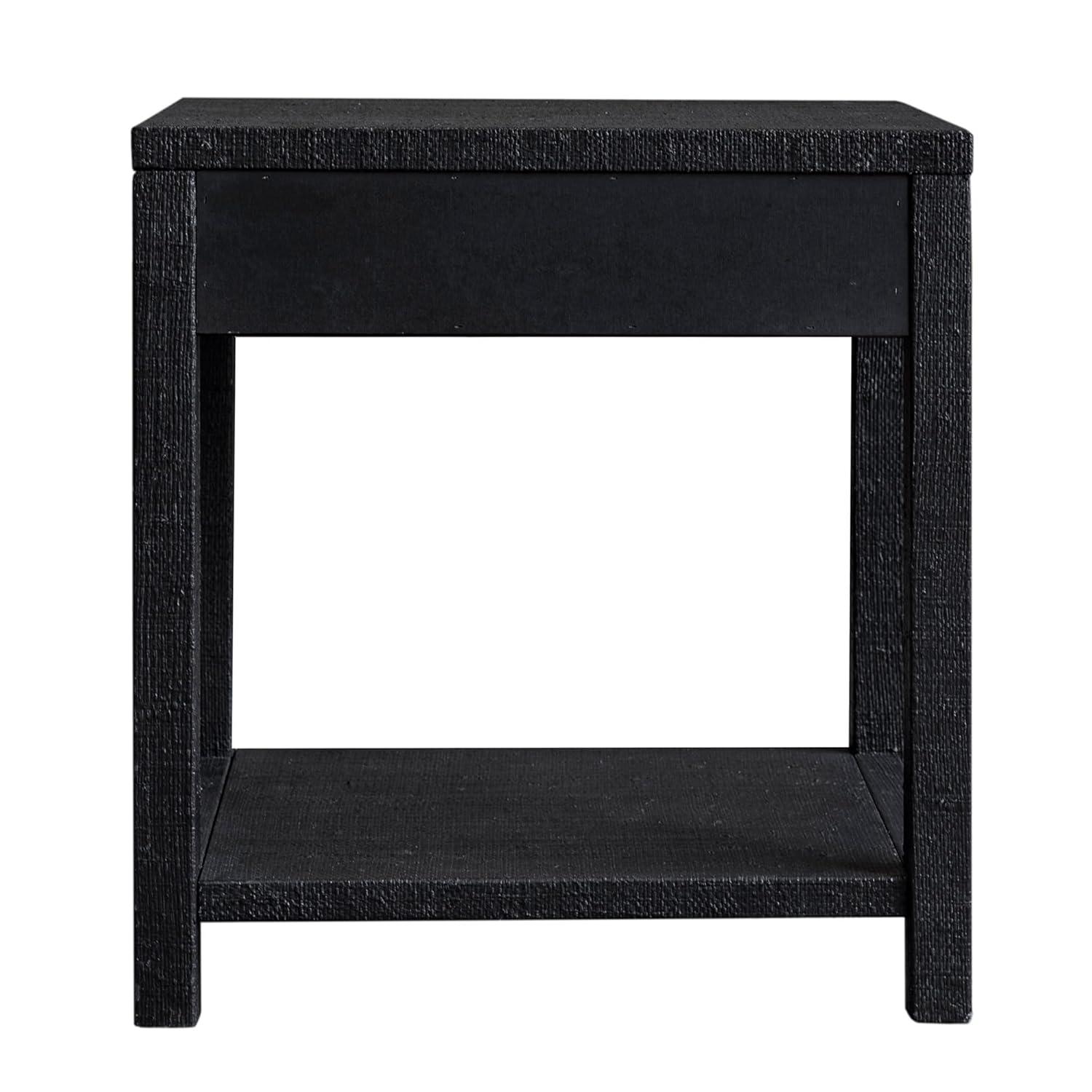 East at Main Indigo Road by Egypt Sherrod Gia Black Bedside Table with Drawer & Open Shelf – Modern Wood Nightstand for Bedroom Storage, Handcrafted Raffia Accent Table