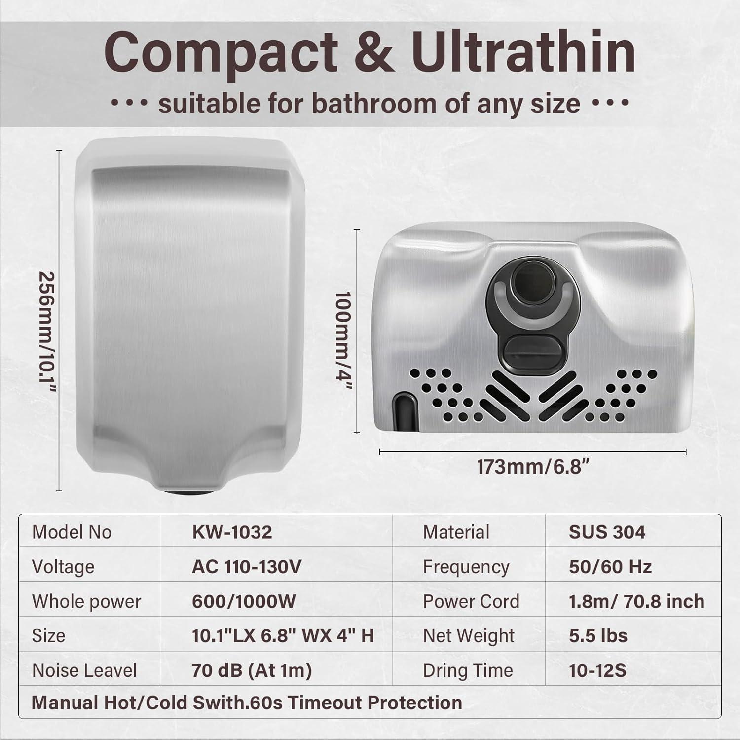 Hand Dryer for Bathroom Commerical,UL Listed and ADA Compliant Automatic Electric Plug in Hand Blower,Cold/Hot air switchable,High Speed 1000W,70dB,Brushed Stainless Steel Cover,Wall Mounted