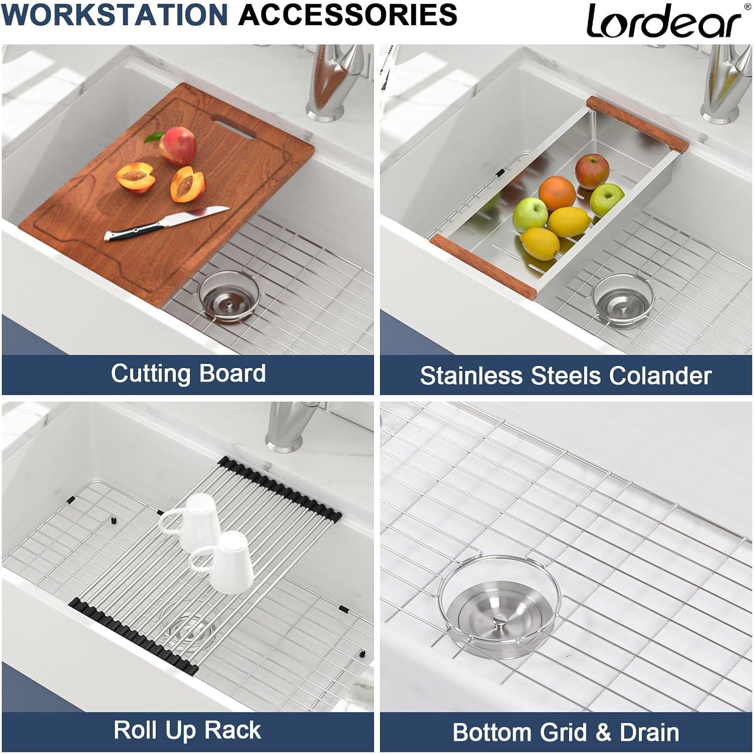 33"L x 20"W Farmhouse Kitchen Sink Deep Single Bowl Fireclay Workstation Sink with Cutting Board and Dish Drying Rack