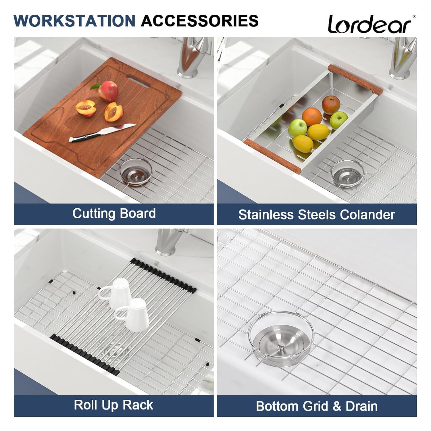 33"L x 20"W Farmhouse Kitchen Sink Deep Single Bowl Fireclay Workstation Sink with Cutting Board and Dish Drying Rack