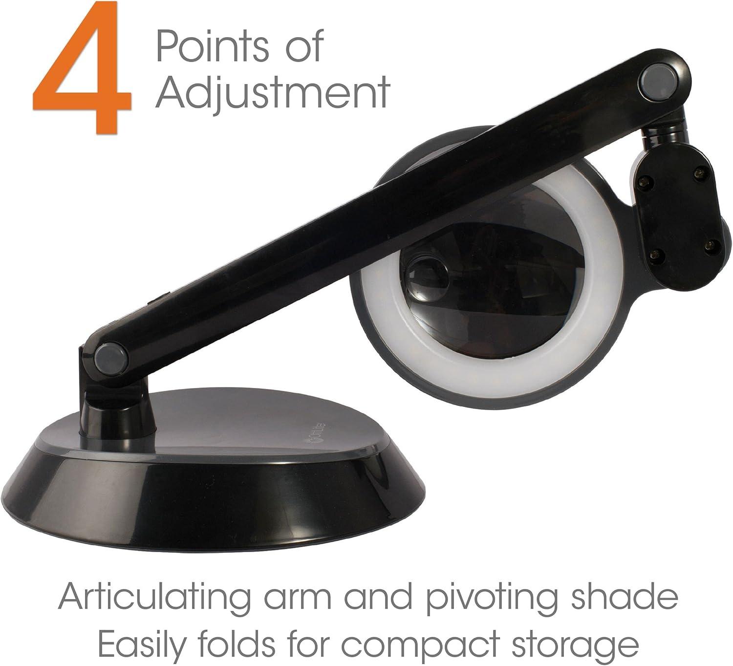 Compact Adjustable Black LED Desk Lamp with Optical-Grade Magnifier