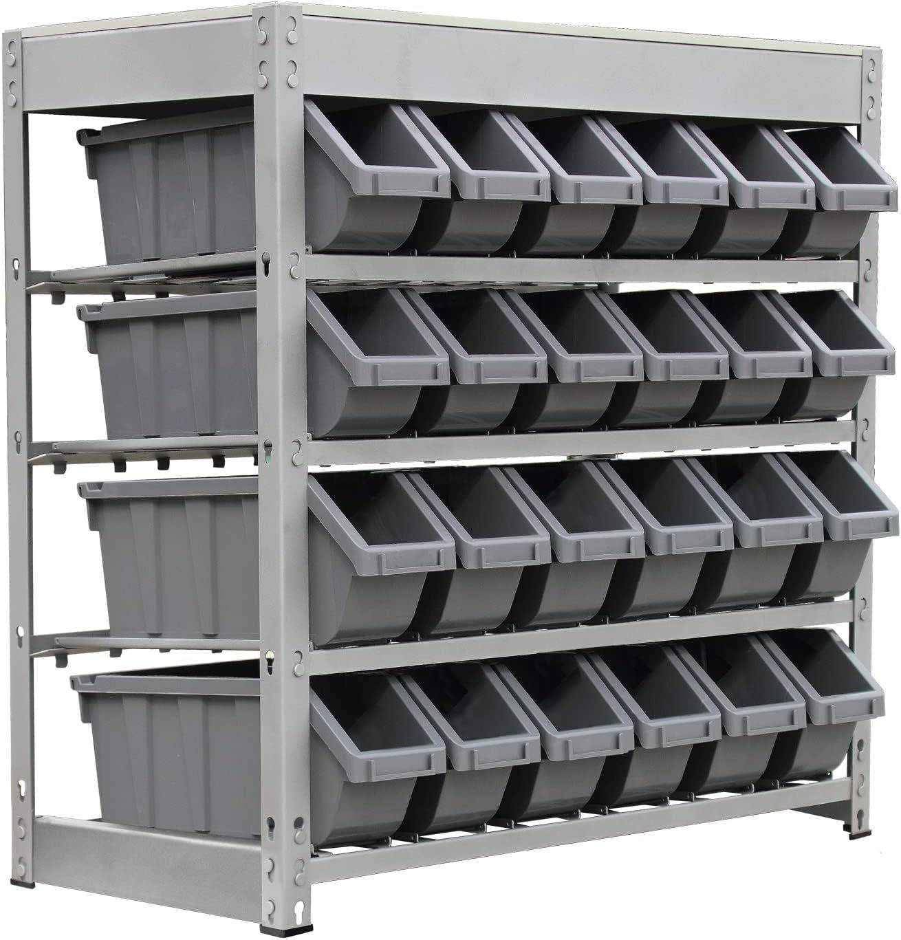 King's Rack 4-Tier Metal Organizer Shelving Rack with 24 Bins in Gray