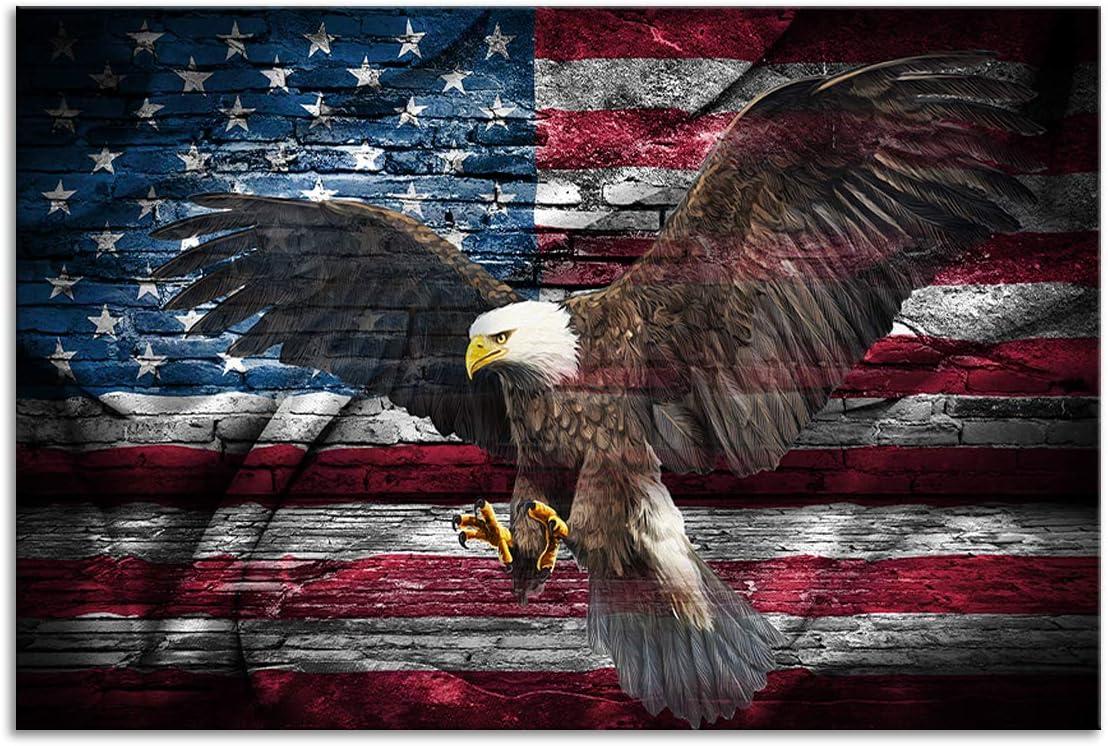 Urttiiyy Retro American Flag Bald Eagle USA Military Wall Art Canvas Prints Thin Blue Red Line Home Decor Pictures for Living Room Bedroom Painting Framed Ready to Hang