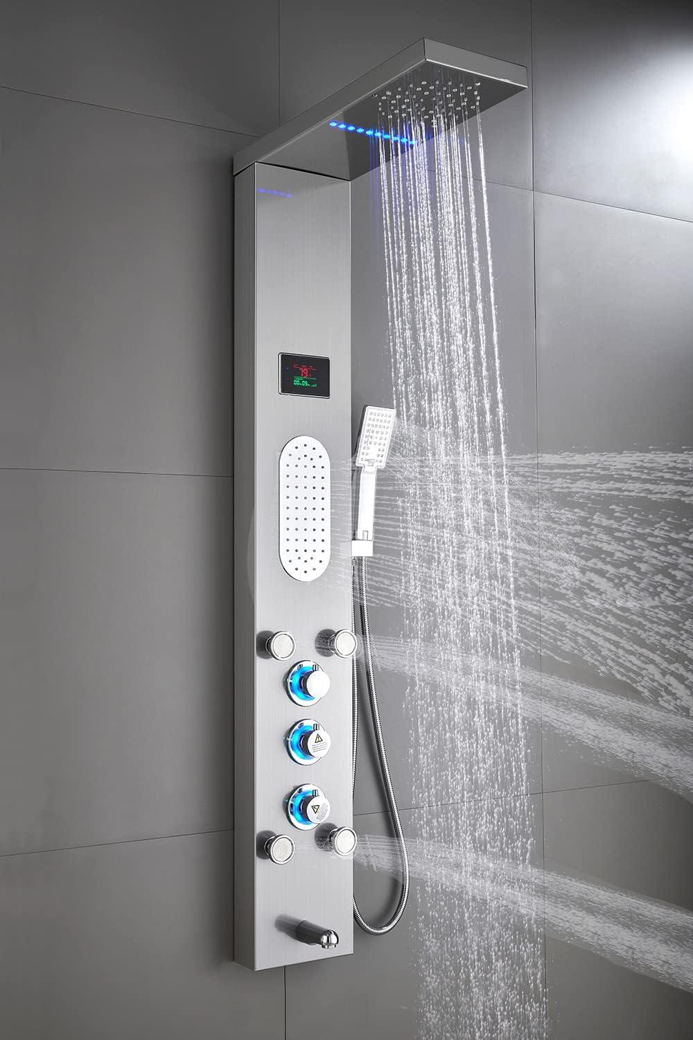 Brushed Nickel LED Shower Panel Tower with Adjustable Jets