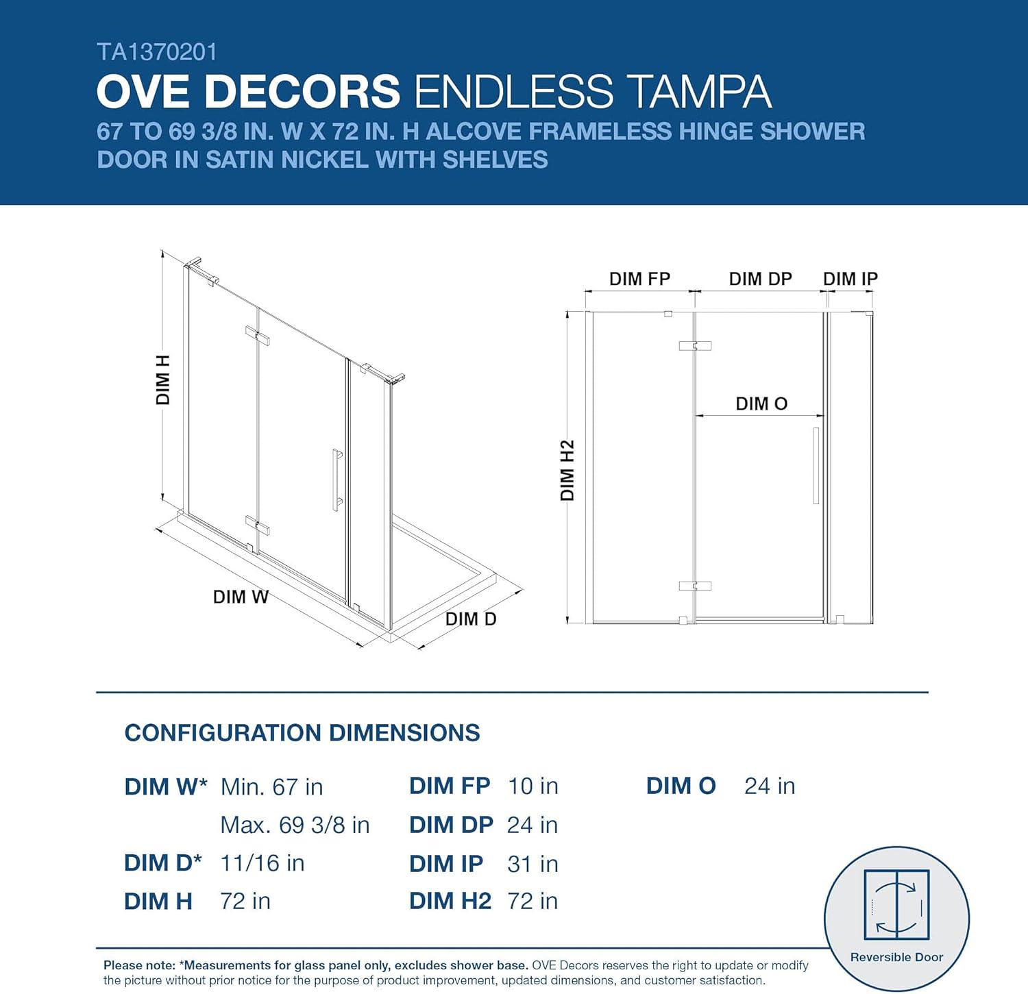 Satin Nickel Frameless Glass Alcove Shower Kit with Shelves