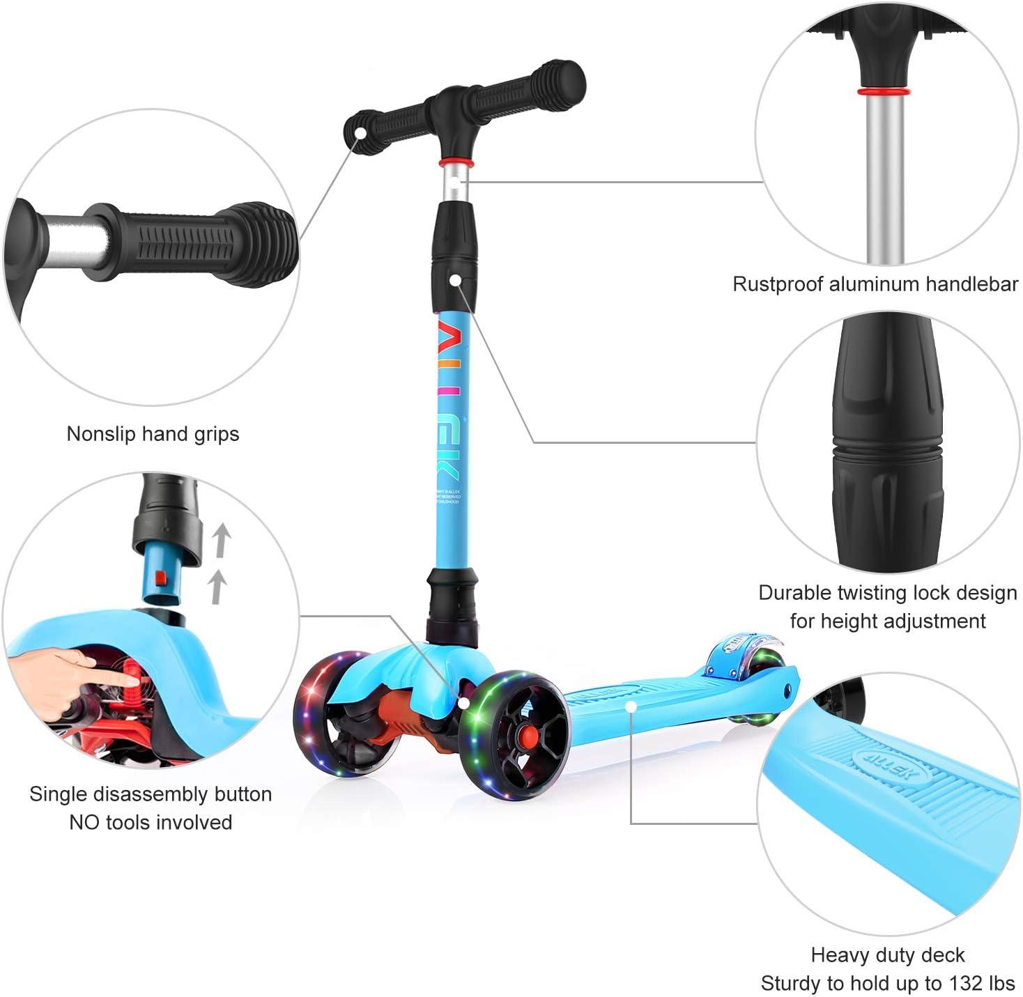 Allek Kick Scooter B02 with Light-Up Wheels and 4 Adjustable Heights for Children from 3-12yrs (Aqua Blue)