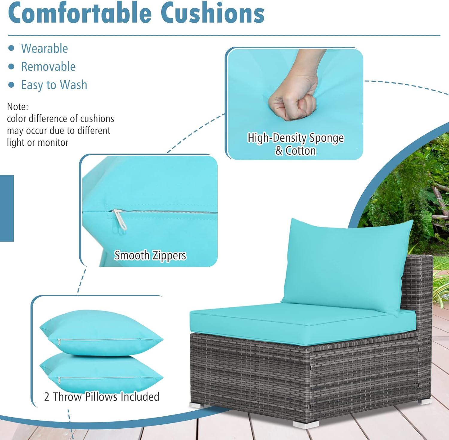 Costway 7PCS Patio Rattan Furniture Set Sectional Sofa Cushioned Turquoise
