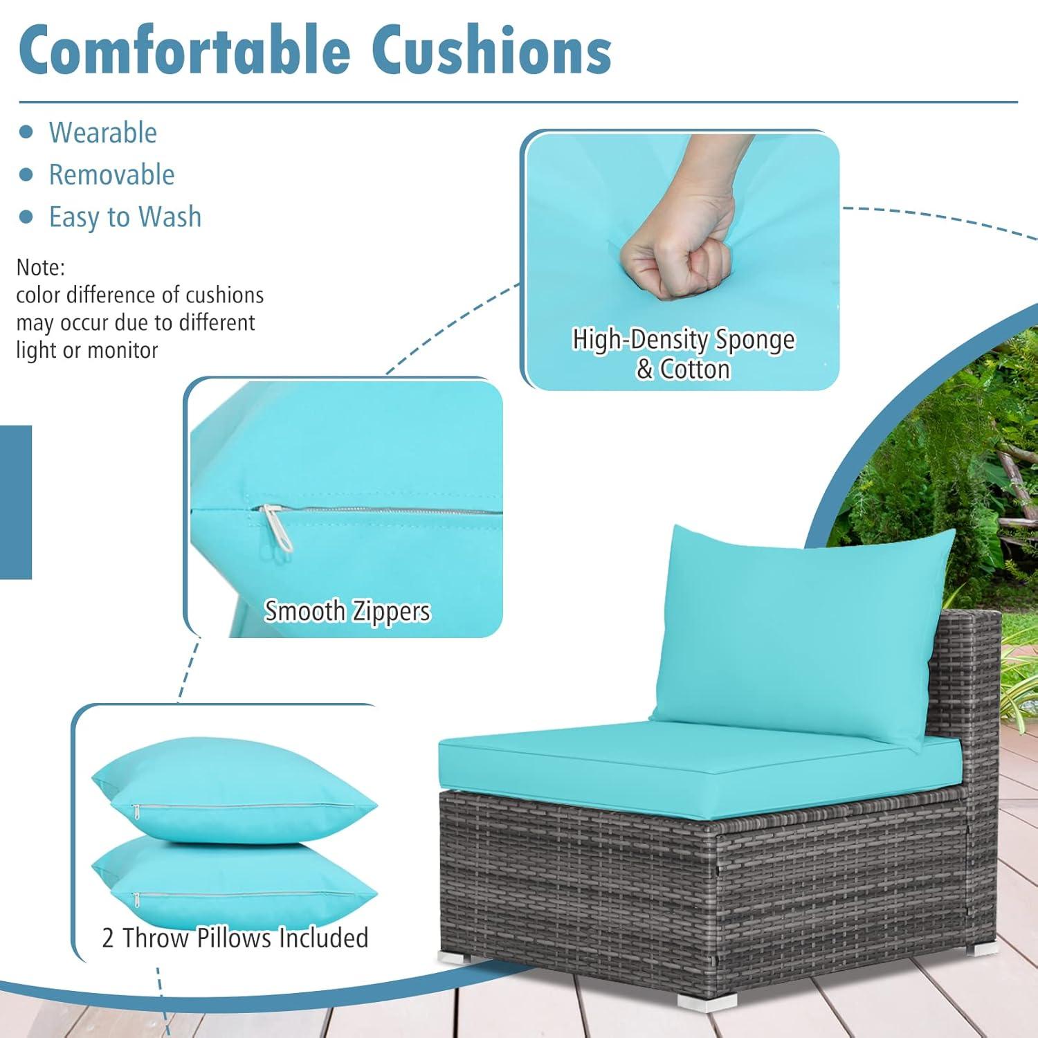 Costway 7PCS Patio Rattan Furniture Set Sectional Sofa Cushioned Turquoise