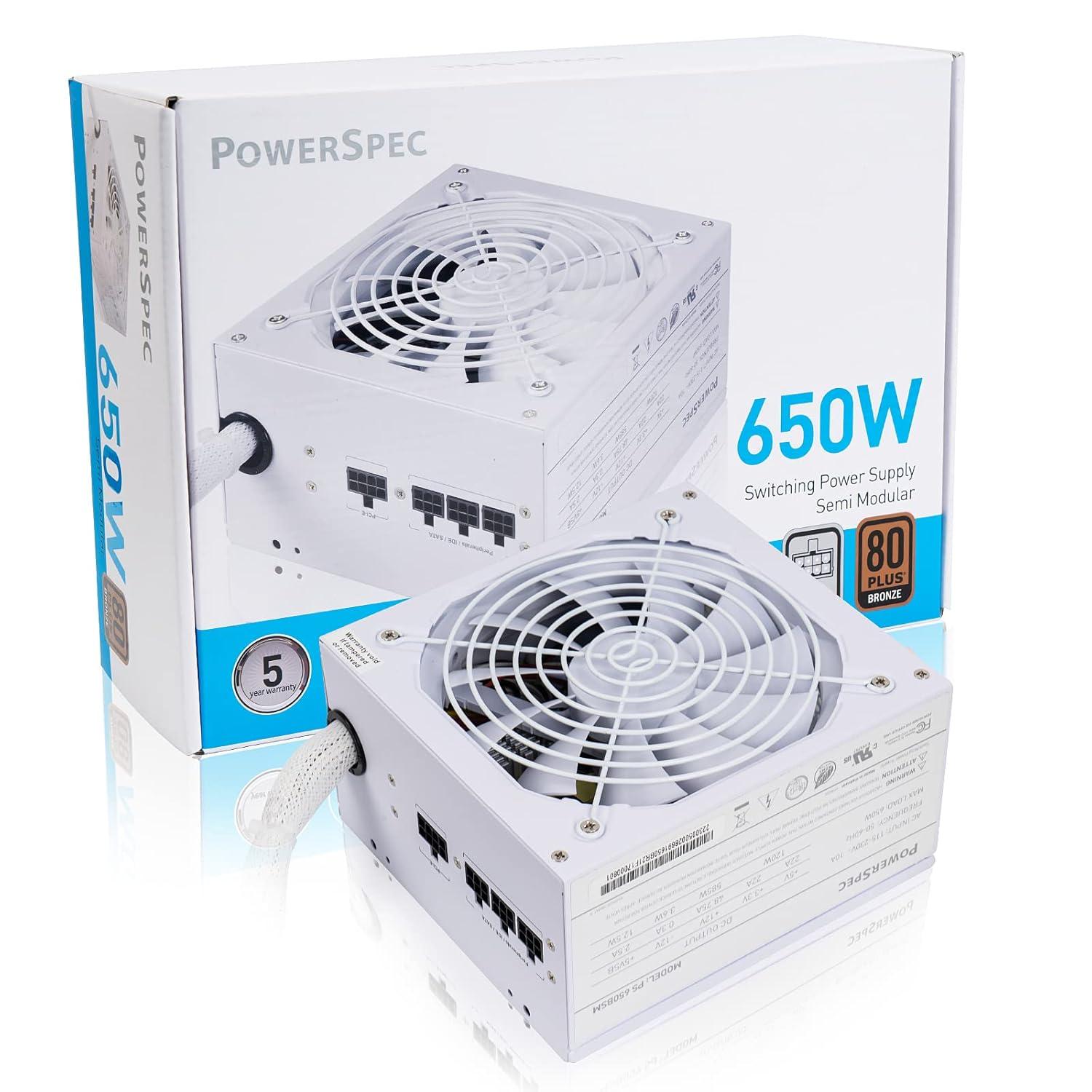 PowerSpec 650W Power Supply Semi Modular 80 Plus Bronze Certified ATX PSU Active PFC SLI Crossfire Ready Gaming PC Computer Power Supplies, PS 650BSM(White Edition)