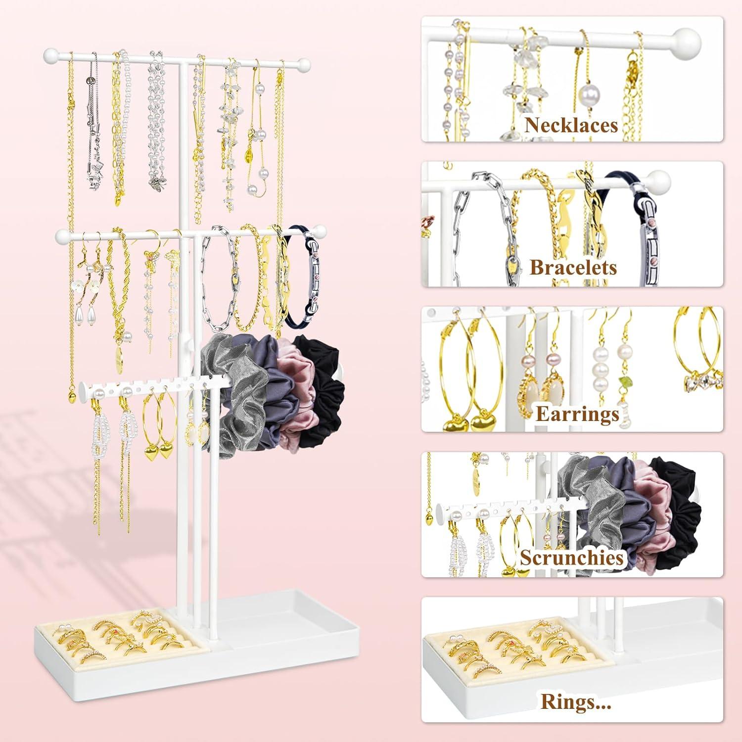 Jenseits Jewelry Organizer Stand Necklace Holder Organizer, 3-Tier Earrings Organizer w/Bracelet Storage Display & Velvet Ring Tray, Cute Metal Aesthetic Jewelry Tower Rack for Women Girls - Gold C47