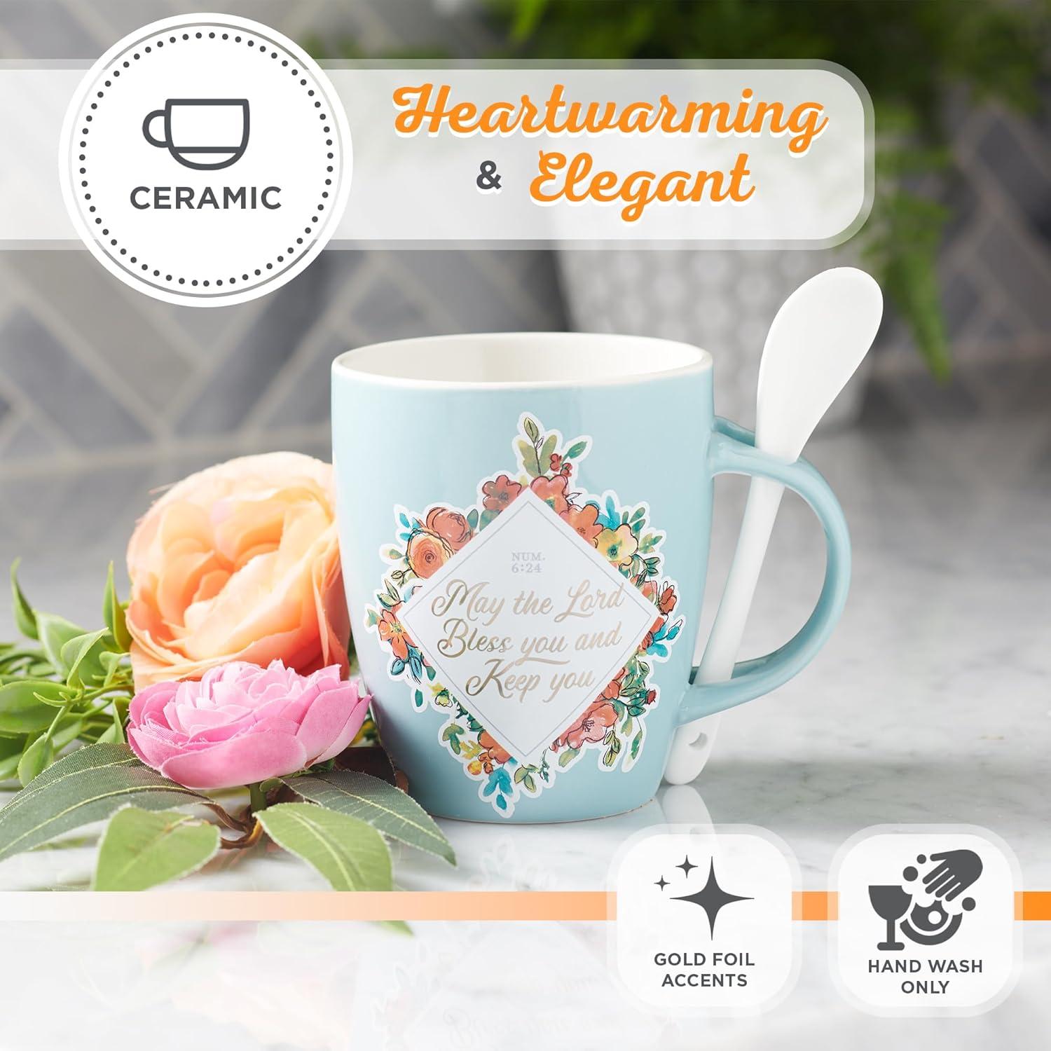 Christian Art Gifts Scripture Coffee and Tea Mug with Ceramic Spoon Set for Women: May the Lord Bless You - Numbers 6:24 Inspirational Bible Verse Hot & Cold Beverages, Light Teal/White Floral, 12 oz.