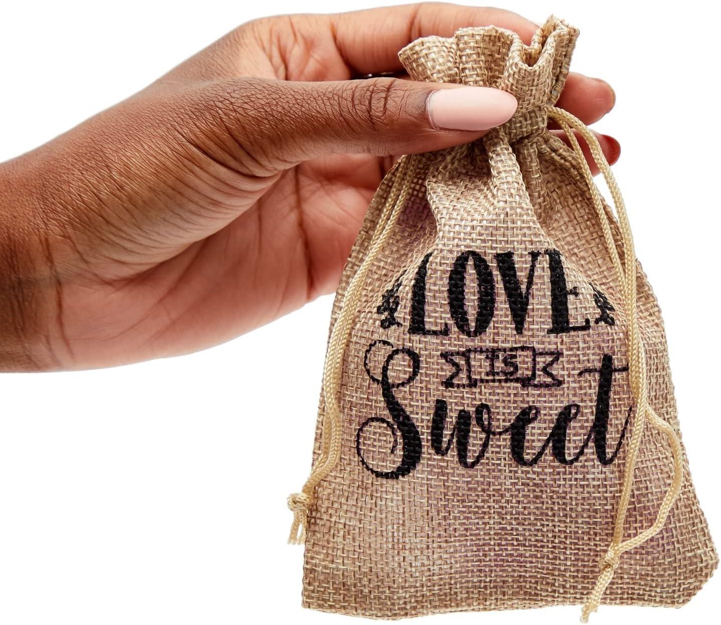 Sparkle and Bash 30 Pack Small Burlap Gift Bags with Drawstring for Wedding Party Favors, Jewelry, Love Is Sweet, 4 x 6 In
