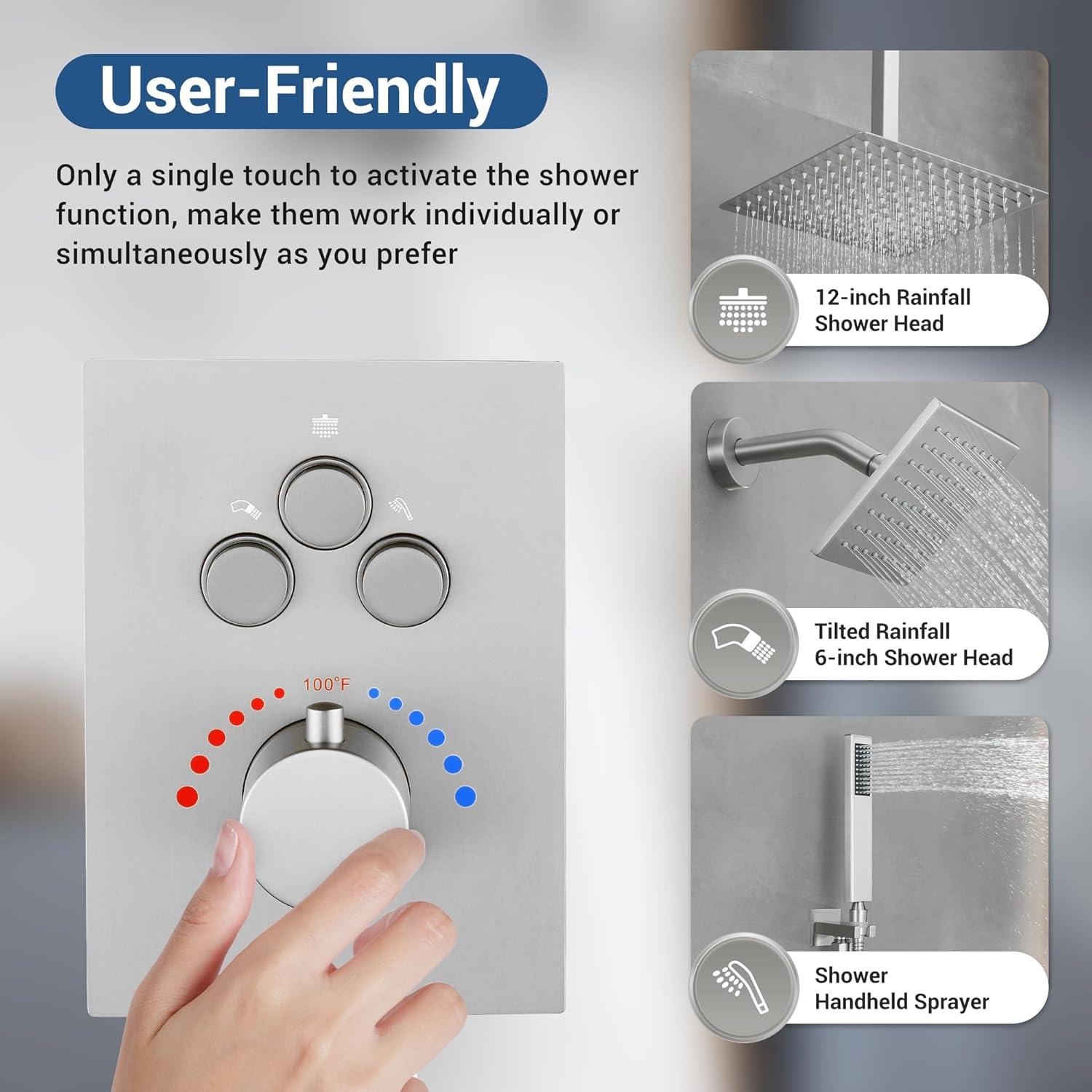 Revitalize 12 Inch Luxury Thermostatic Complete Shower System with Rough-in Valve