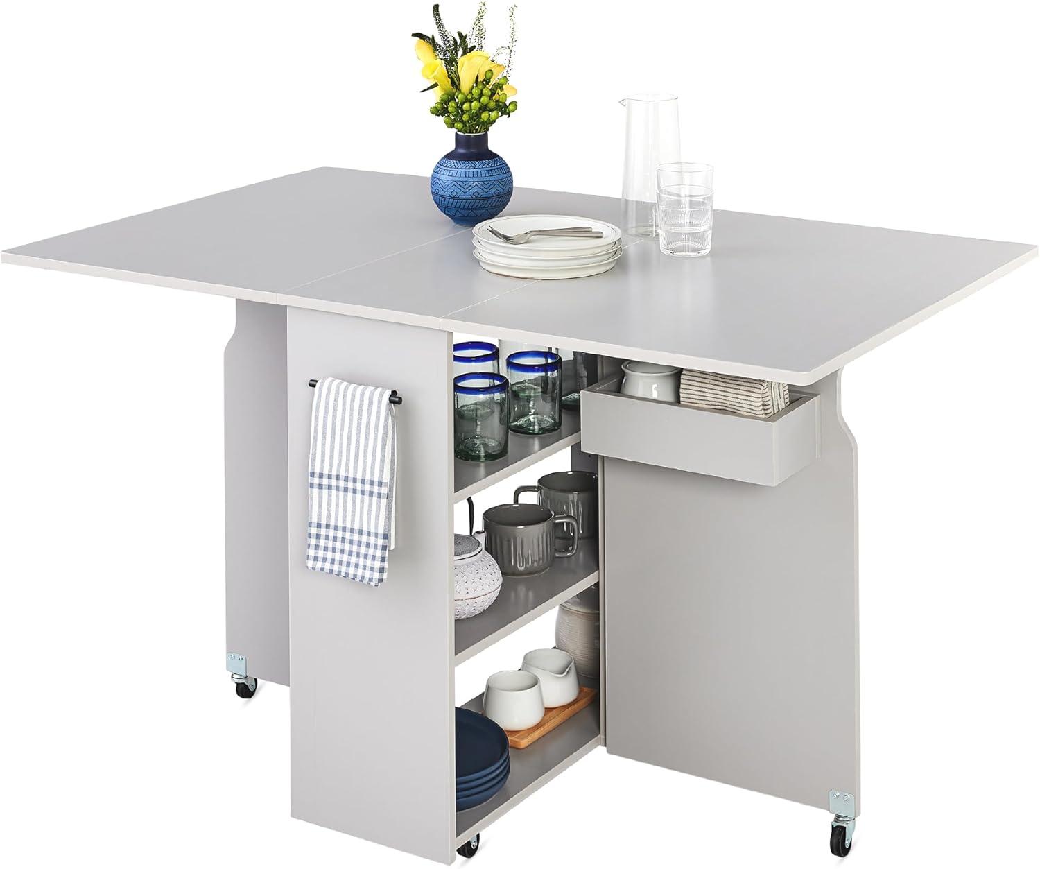Best Choice Products Multipurpose Folding Table w/ Wheels, 3 Storage Shelves, Cubby, Handle - Cement Gray