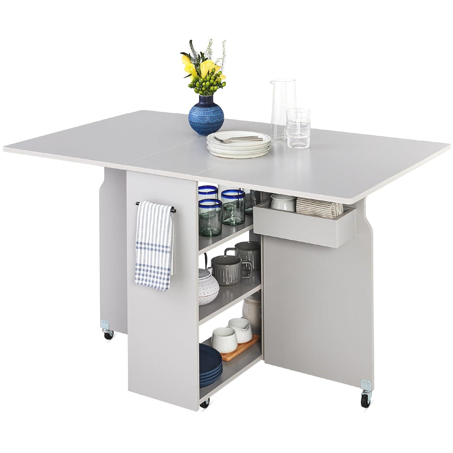 Best Choice Products Multipurpose Folding Table w/ Wheels, 3 Storage Shelves, Cubby, Handle - Cement Gray