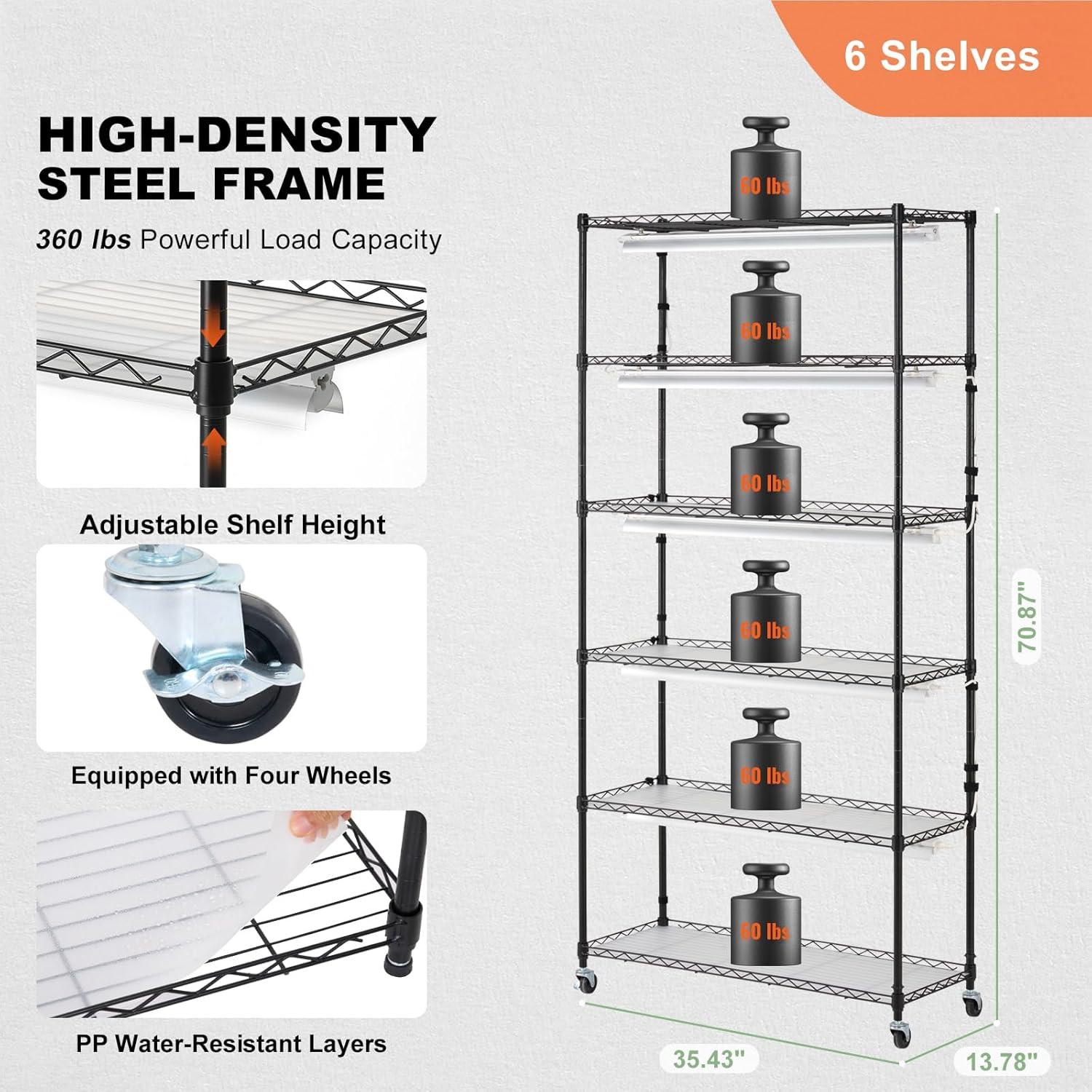 Black Steel 6-Tier Plant Shelf with LED Grow Lights