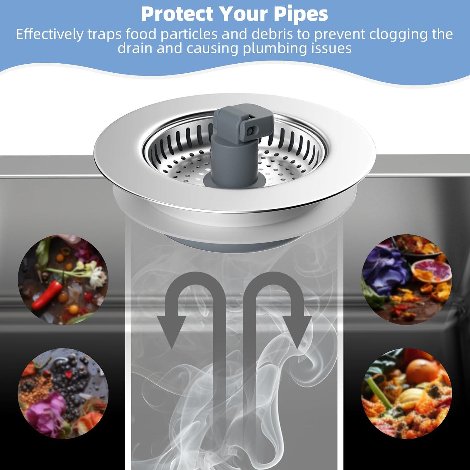 Hibbent 3-in-1 Kitchen Sink Drain Strainer  Stopper , Stainless Steel Pop-Up Design, Anti-Clogging Metal Basket with Handle, Compatible with US Standard 3-1/2" Drain