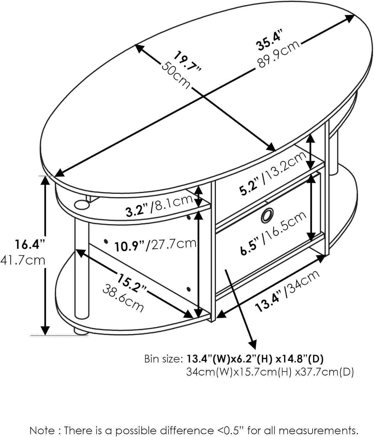 Furinno JAYA Simple Design Oval Coffee Table with Bin, Americano, Stainless Steel Tubes