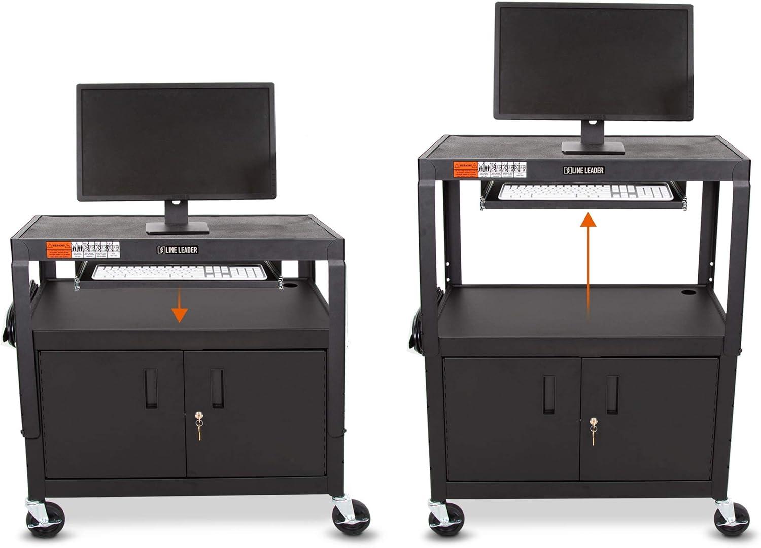 Black Adjustable Height AV Cart with Locking Cabinet and Keyboard Tray