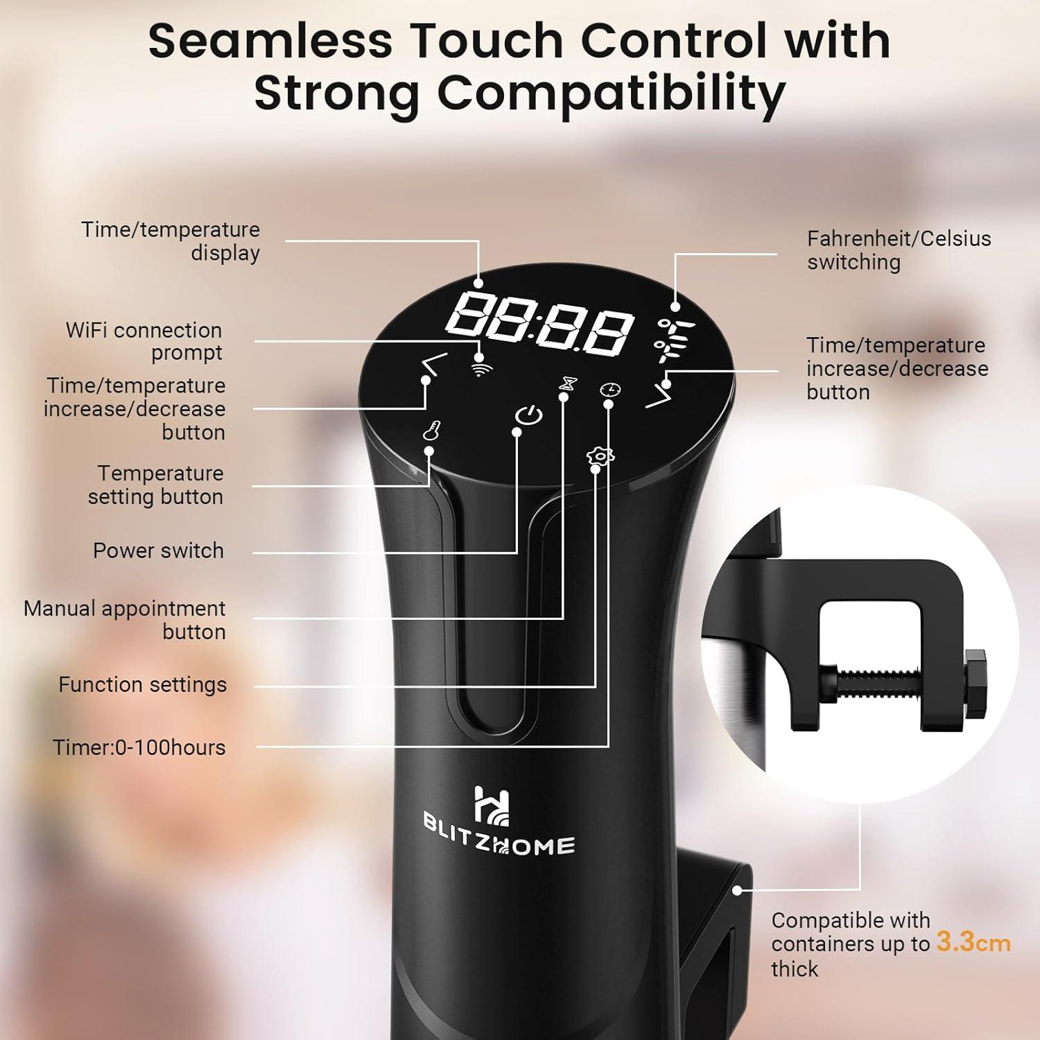 BlitzHome 1100W Sous Vide Cooker with Temperature Setting, Timer, Breath Light Reminder Function